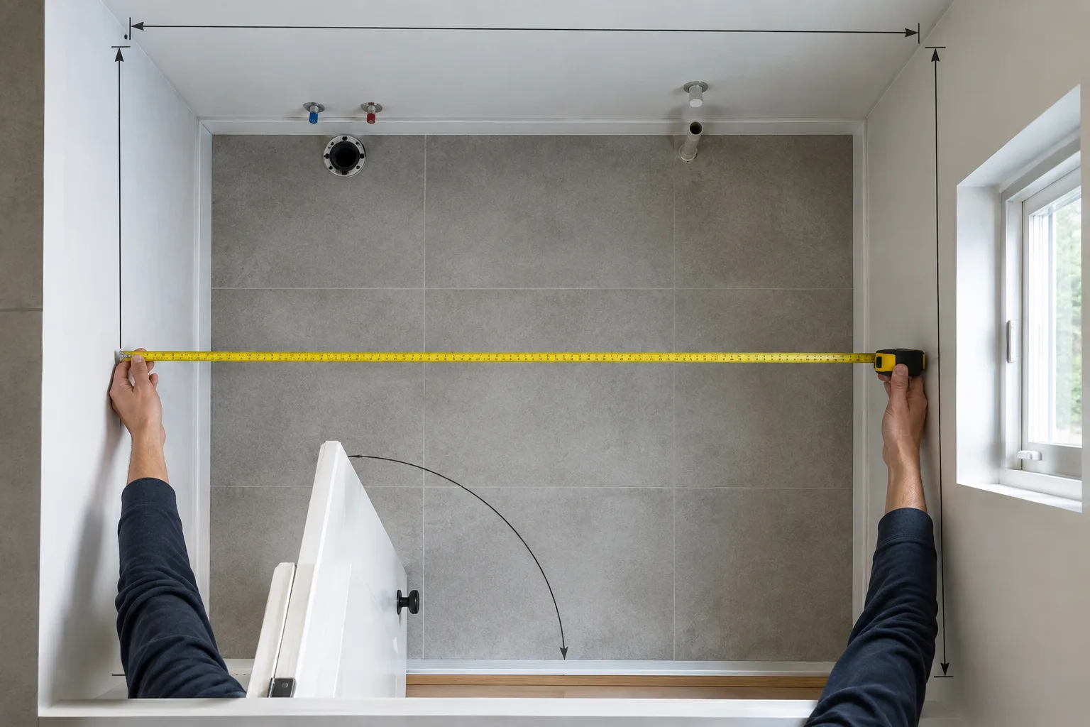 Plan d’une petite salle de bain mesuré pour repérer les murs, la porte et les arrivées d’eau.