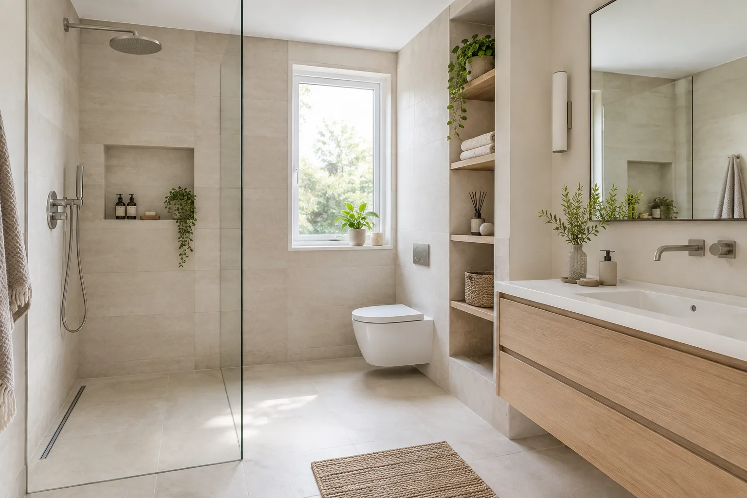 Petite salle de bain rénovée avec une douche, un lavabo suspendu et des rangements intégrés.