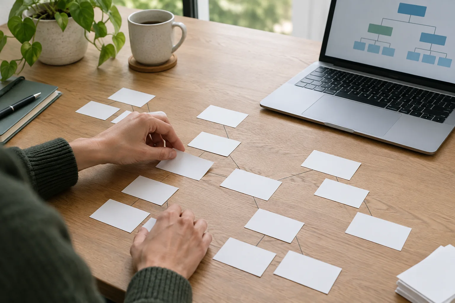 Des cartes vierges regroupées en thèmes sur un bureau, à côté d’un ordinateur.