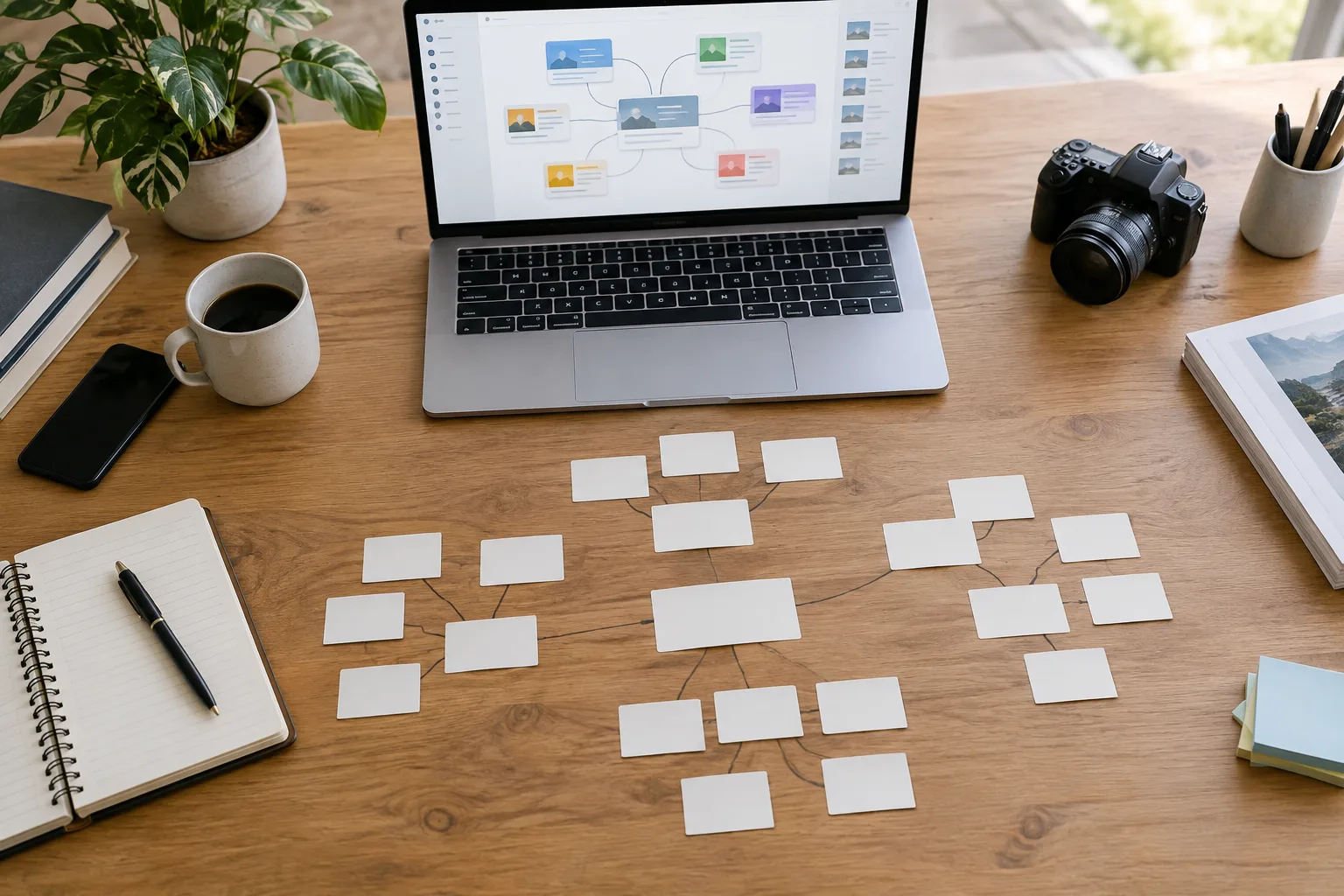 Vue d’un bureau où des cartes de sujets sont organisées autour d’un ordinateur.