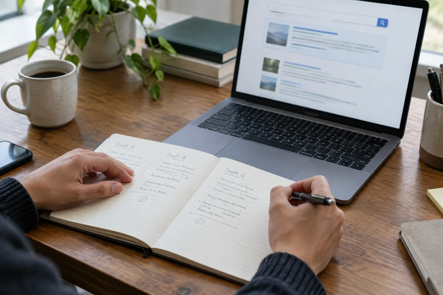 Carnet de travail et ordinateur portable utilisés pour comparer des formulations de titre.