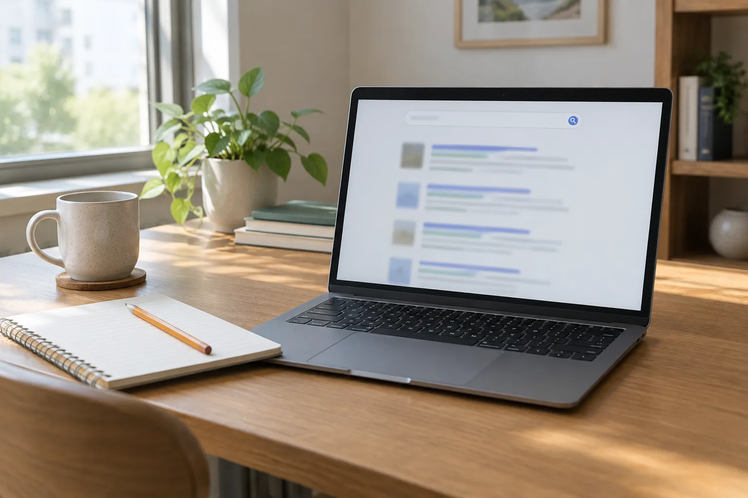 Espace de travail éditorial avec un ordinateur portable affichant une page de résultats floutée et un carnet.