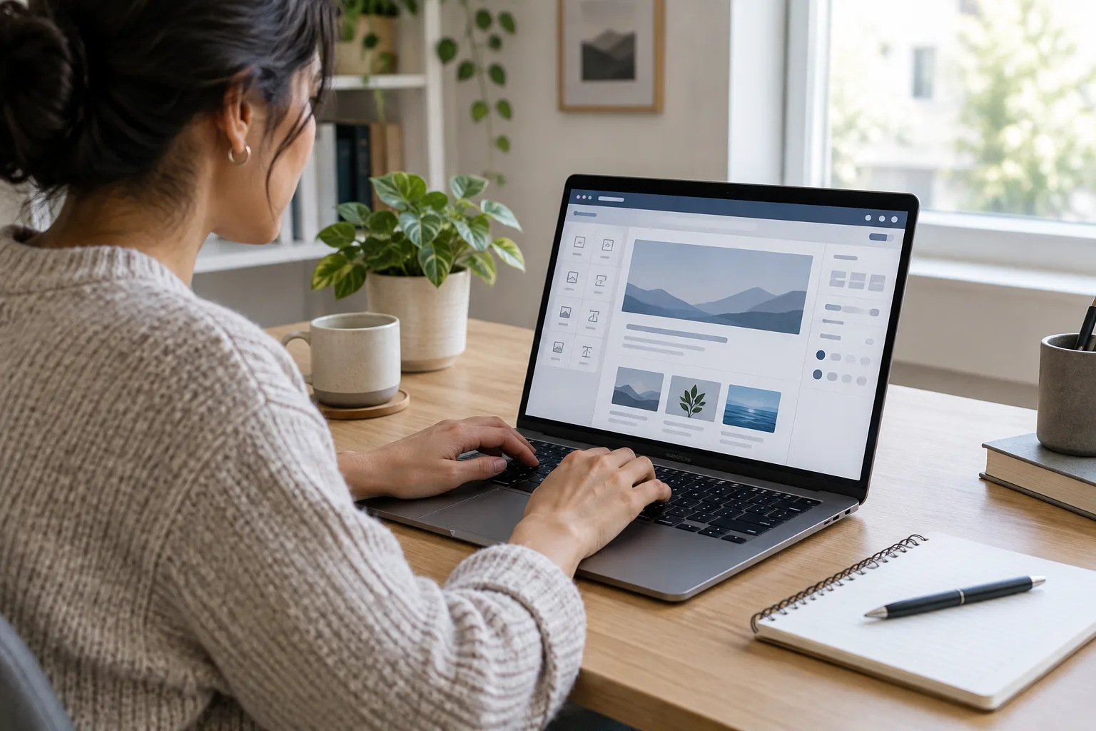 Un ordinateur portable ouvert sur une interface de gestion de site, avec un carnet posé sur le bureau.