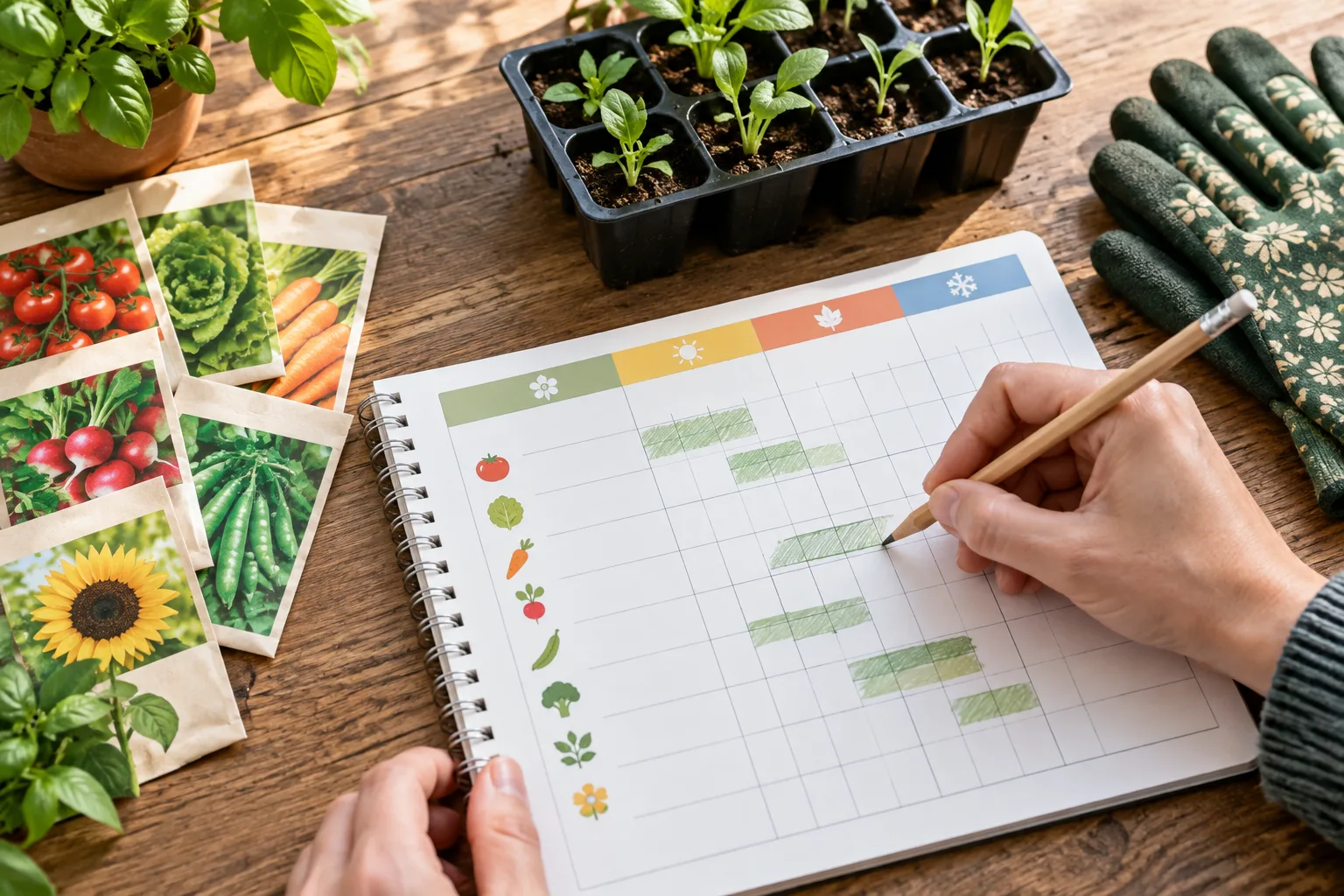 Des mains planifient une période de semis près de sachets de graines et d’un plateau de jeunes plants.