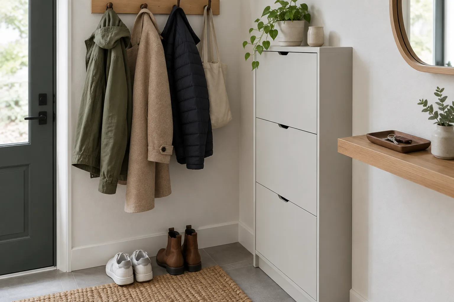 Patères, meuble à chaussures et petite tablette organisent les objets du quotidien dans une entrée.