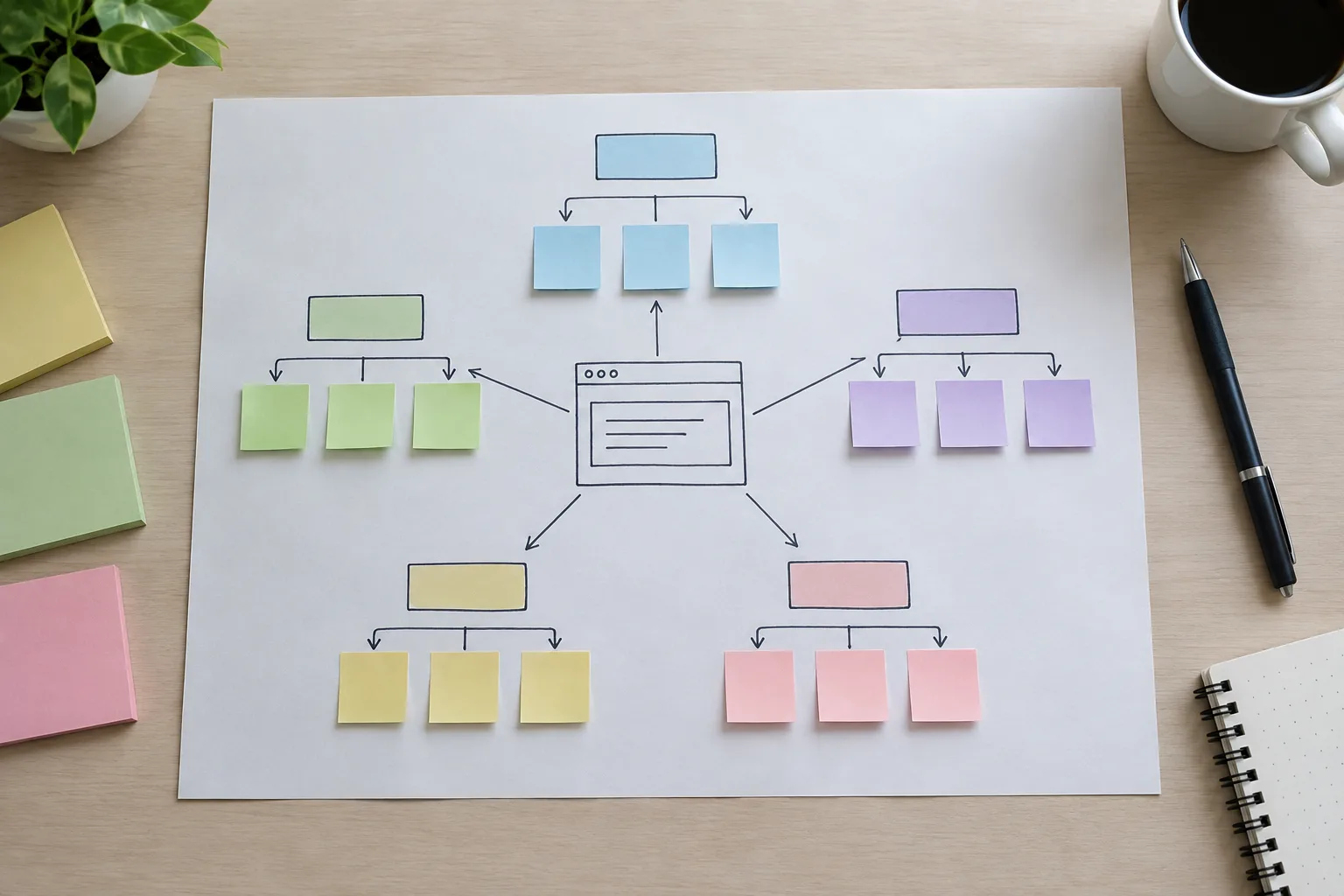 Un schéma papier regroupe des sujets autour d’une page centrale.