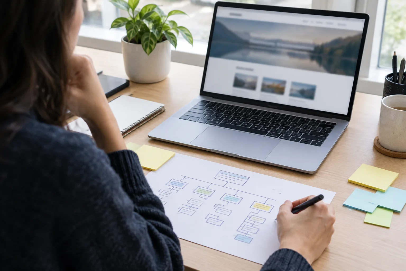 Un plan de site préparé sur papier à côté d’un ordinateur portable.