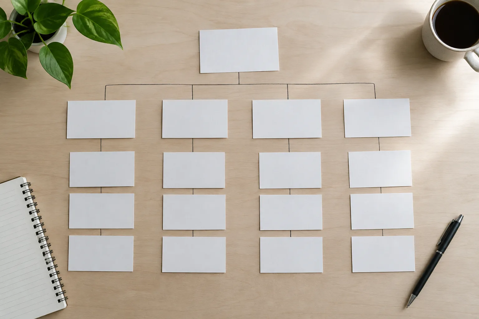 Des fiches vierges disposées en branches pour représenter l’architecture d’un site.