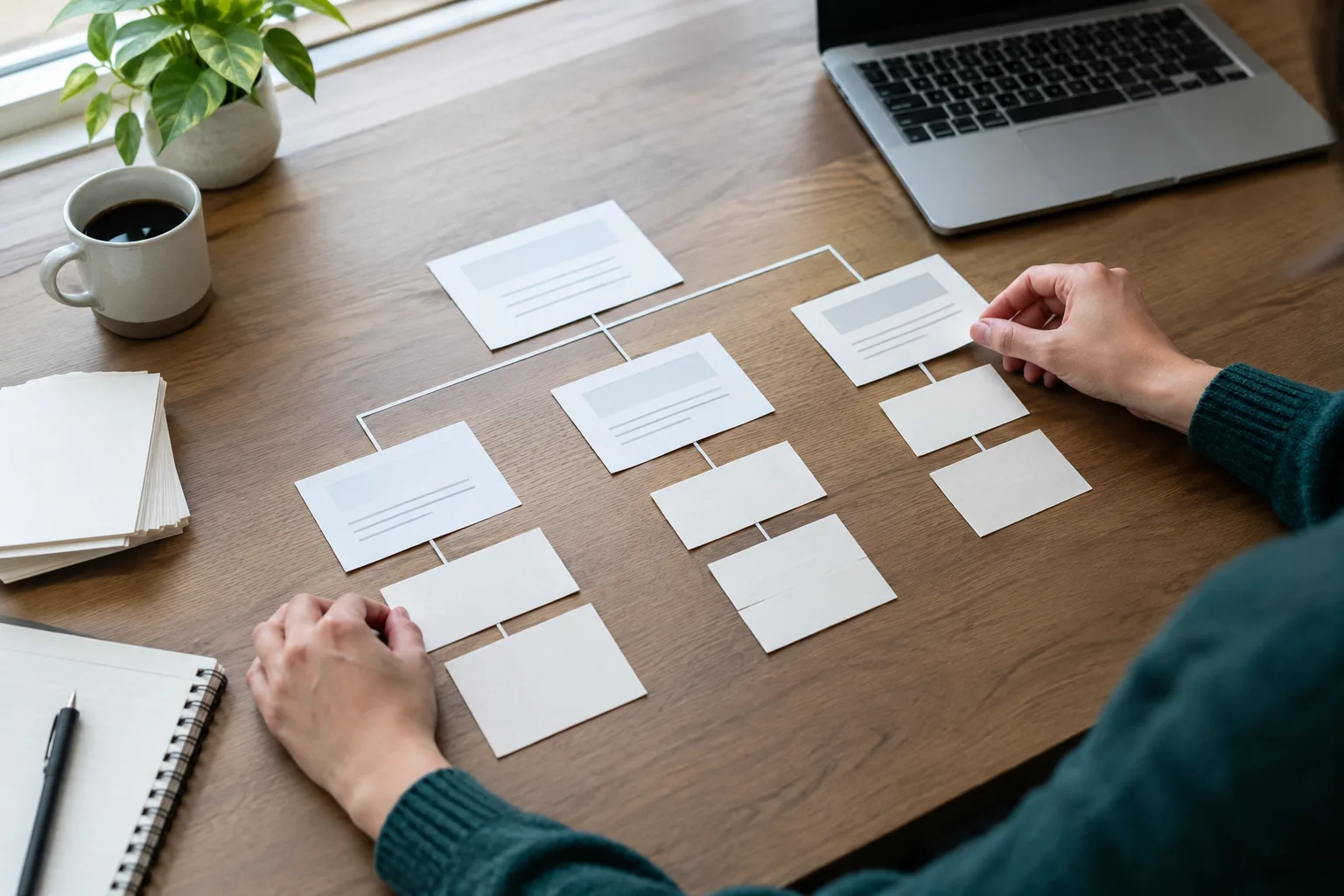 Des cartes vierges organisées en arborescence sur un bureau près d’un ordinateur.