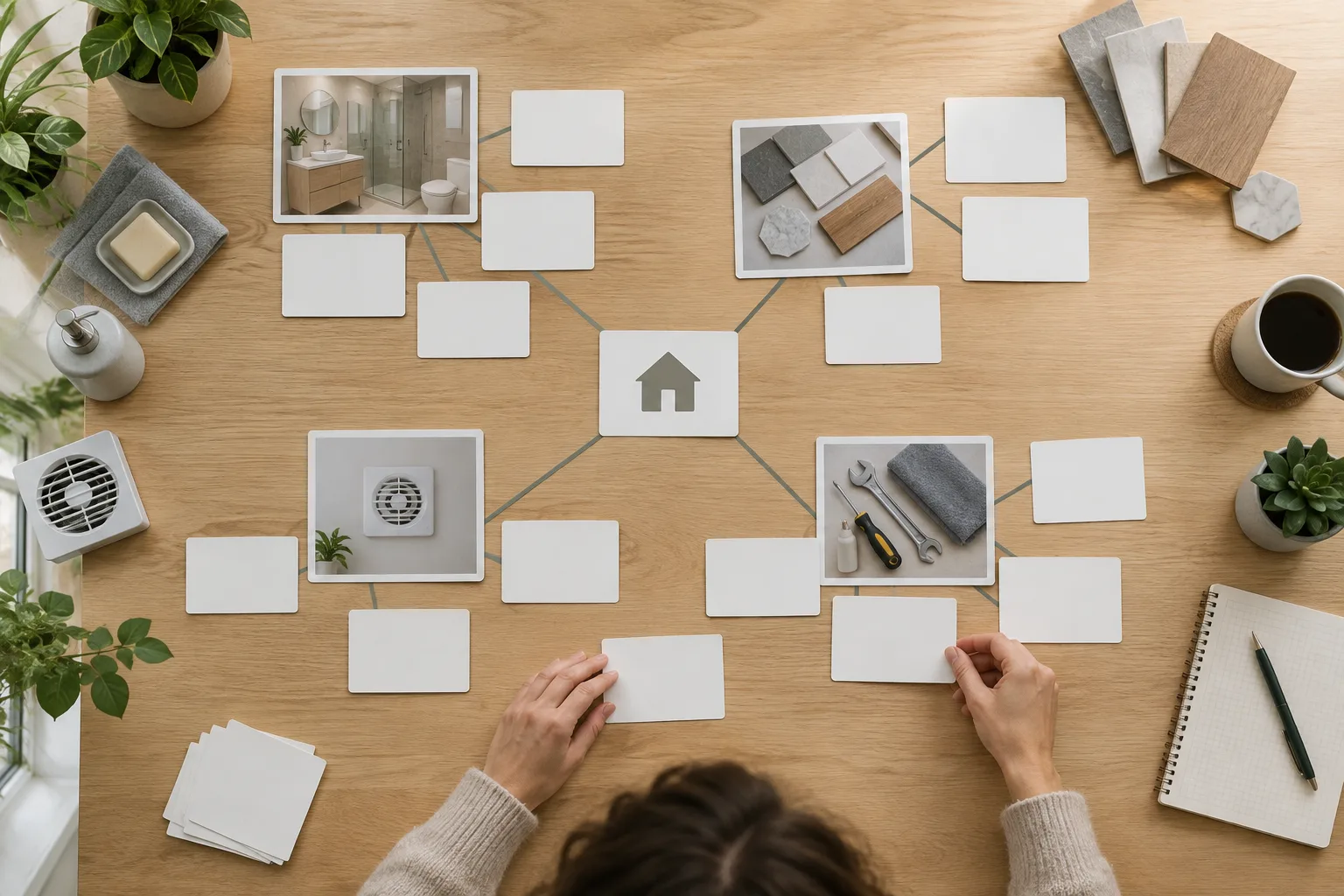 Cartes vierges organisées en groupes reliés pour représenter l’arborescence d’un site de conseils maison.