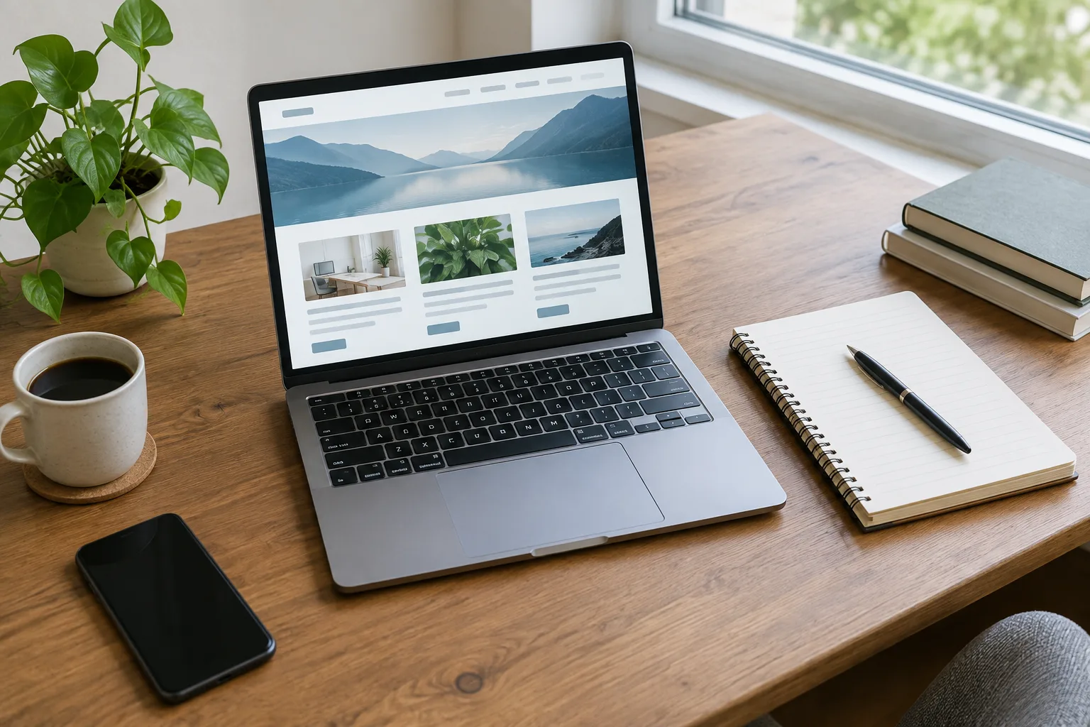 Ordinateur affichant une mise en page de site média sur un bureau de travail.