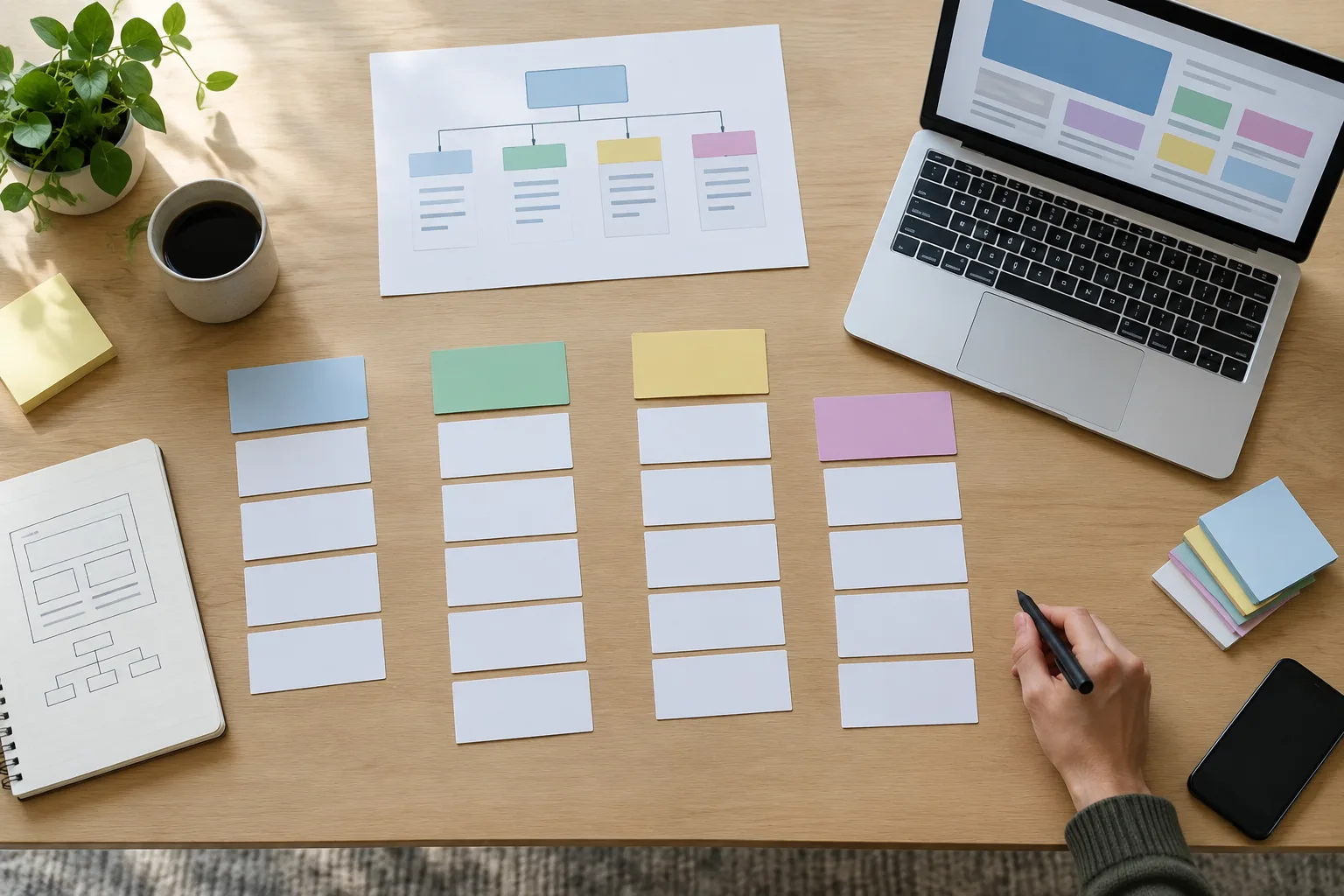 Des fiches d’articles regroupées par sujet à côté d’un plan de site et d’un ordinateur.