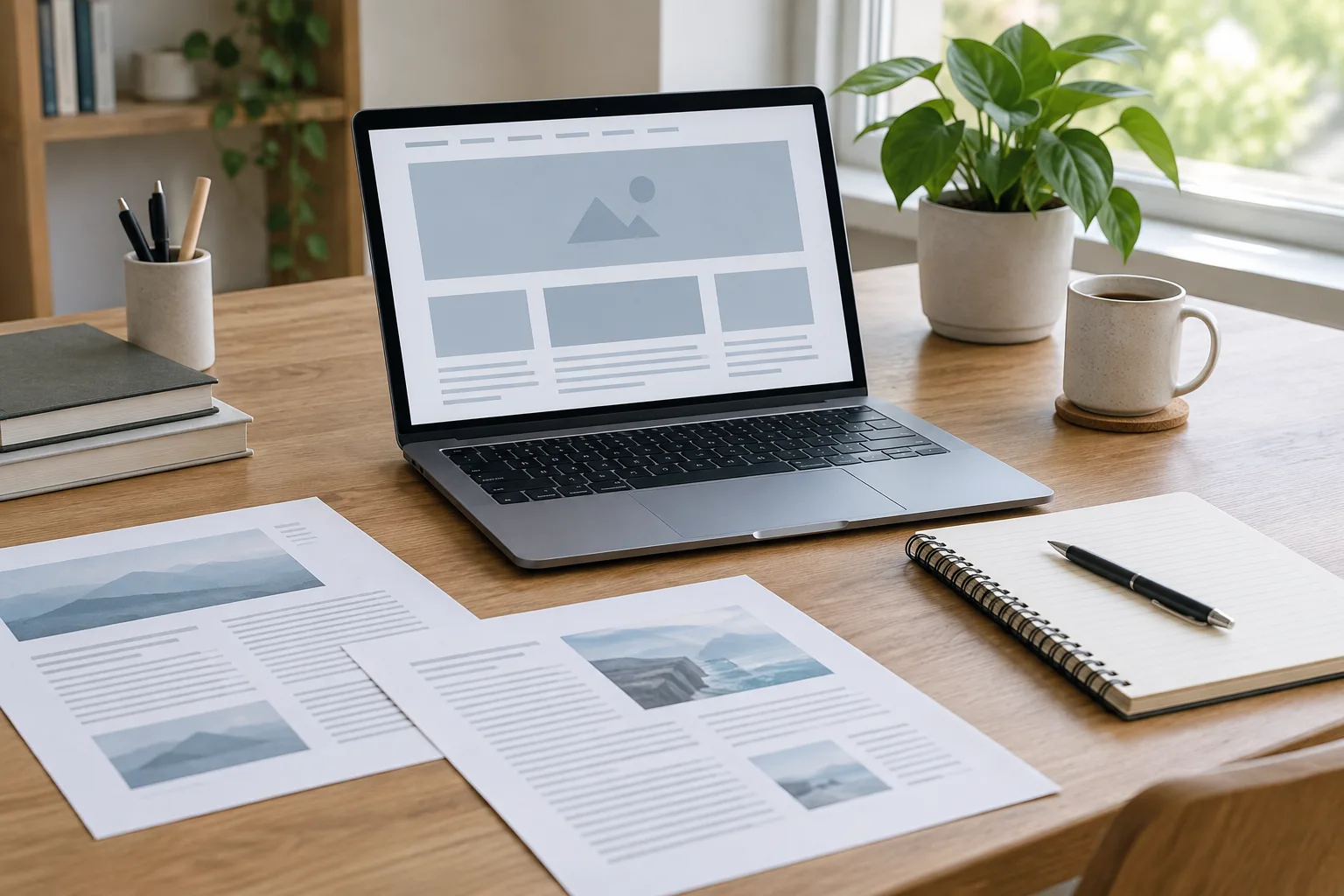 Ordinateur portable et pages imprimées disposés sur un bureau pour préparer l’organisation d’un site média.