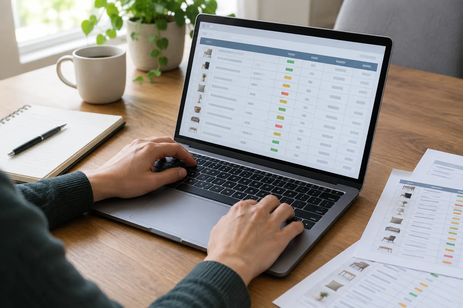 Un tableau de suivi des contenus consulté sur un ordinateur à côté de notes de travail.