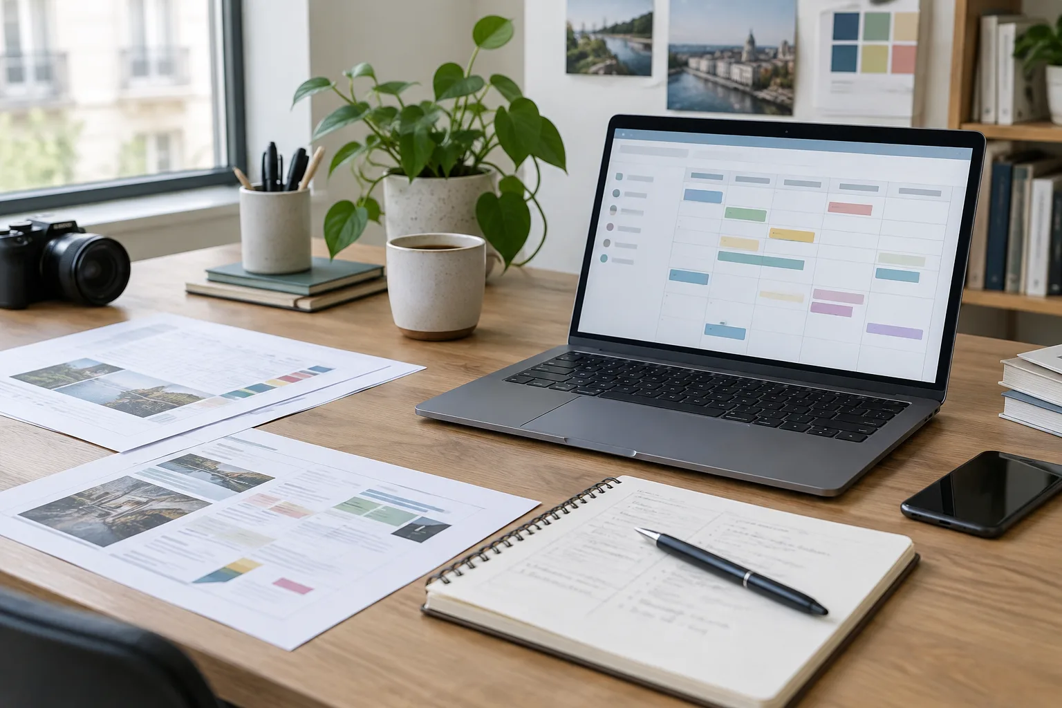 Un ordinateur et des documents de travail pour organiser les publications d’un site média.
