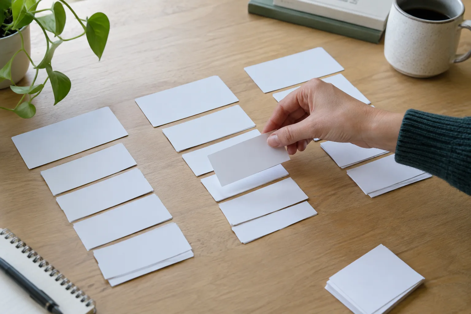 Des fiches vierges regroupées par thèmes pour illustrer l’organisation des catégories éditoriales.