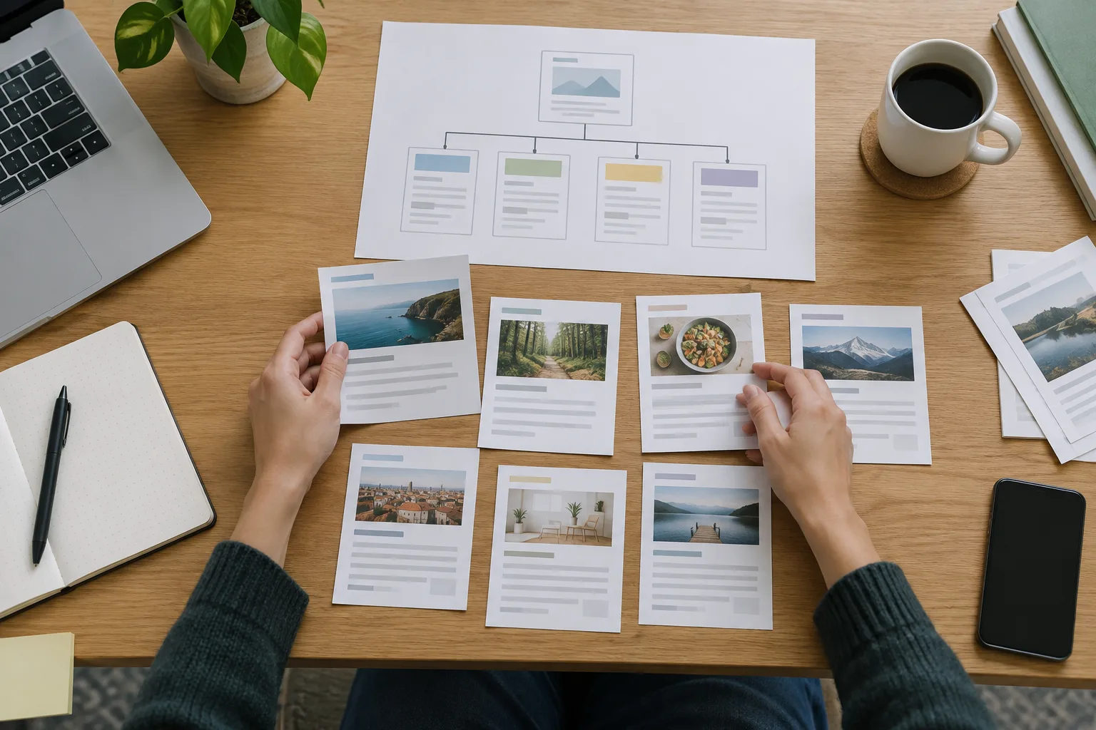 Des fiches d’articles organisées sur un bureau pour représenter la structure d’un site média.