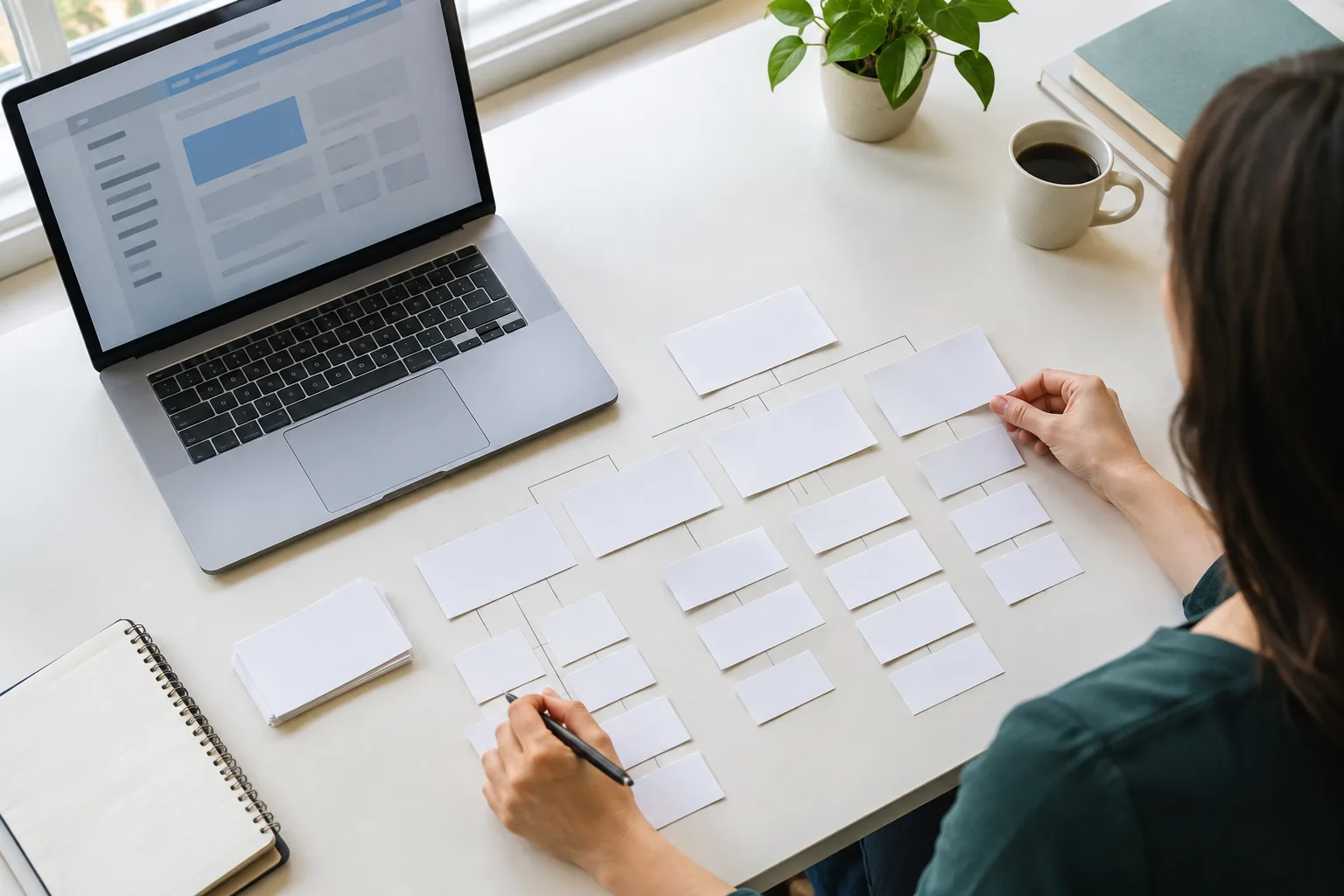 Des fiches vierges organisées en groupes sur un bureau pour planifier l’arborescence d’un site.