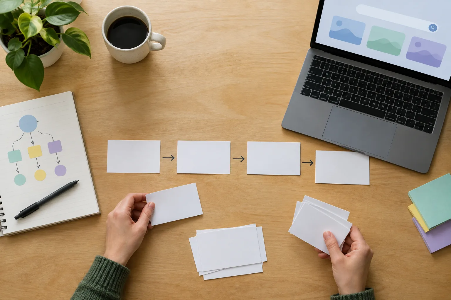 Des fiches vierges disposées pour organiser les questions et les réponses d’un contenu.
