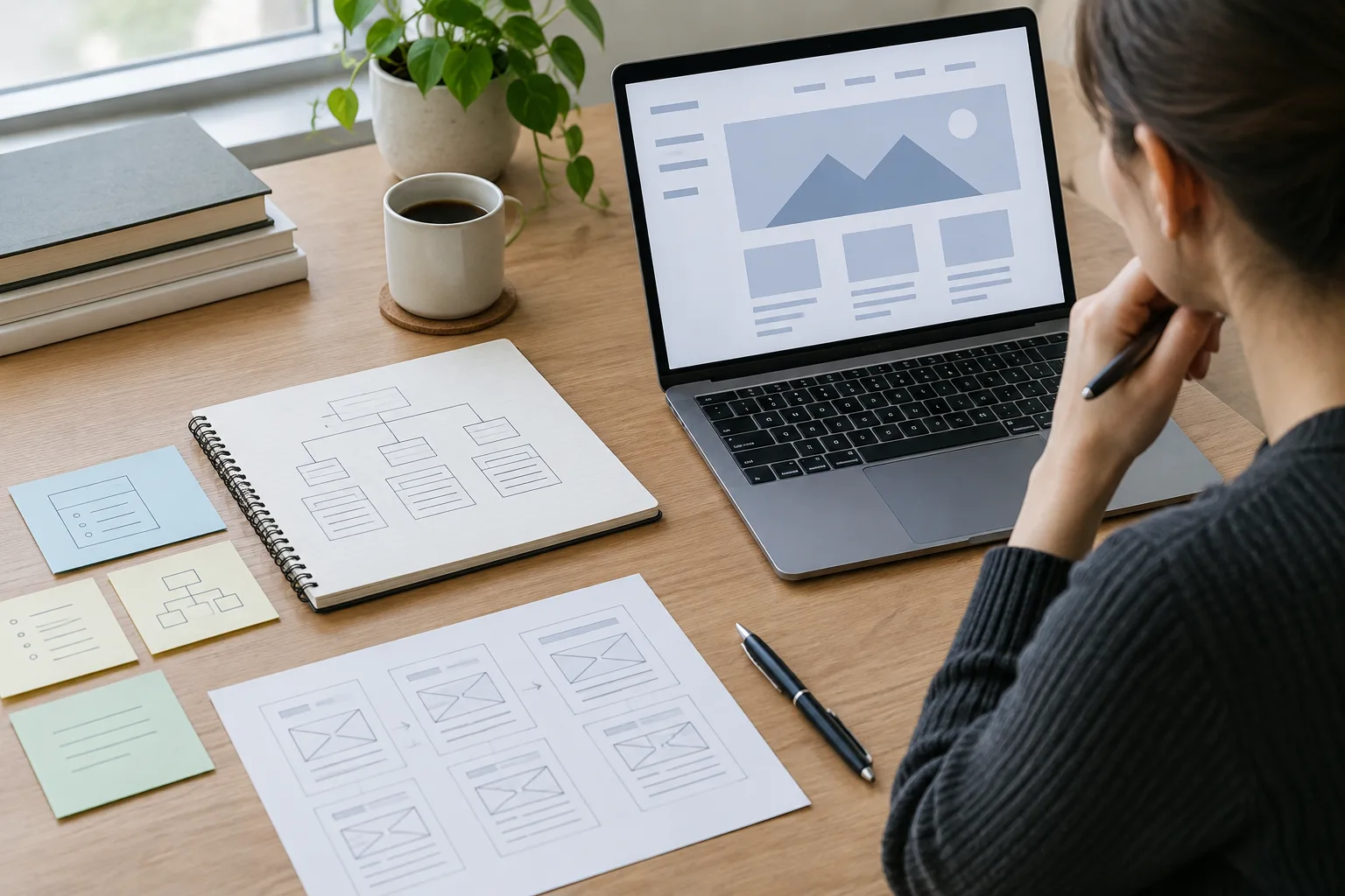 Un plan de contenus et une maquette de site consultés sur un bureau.