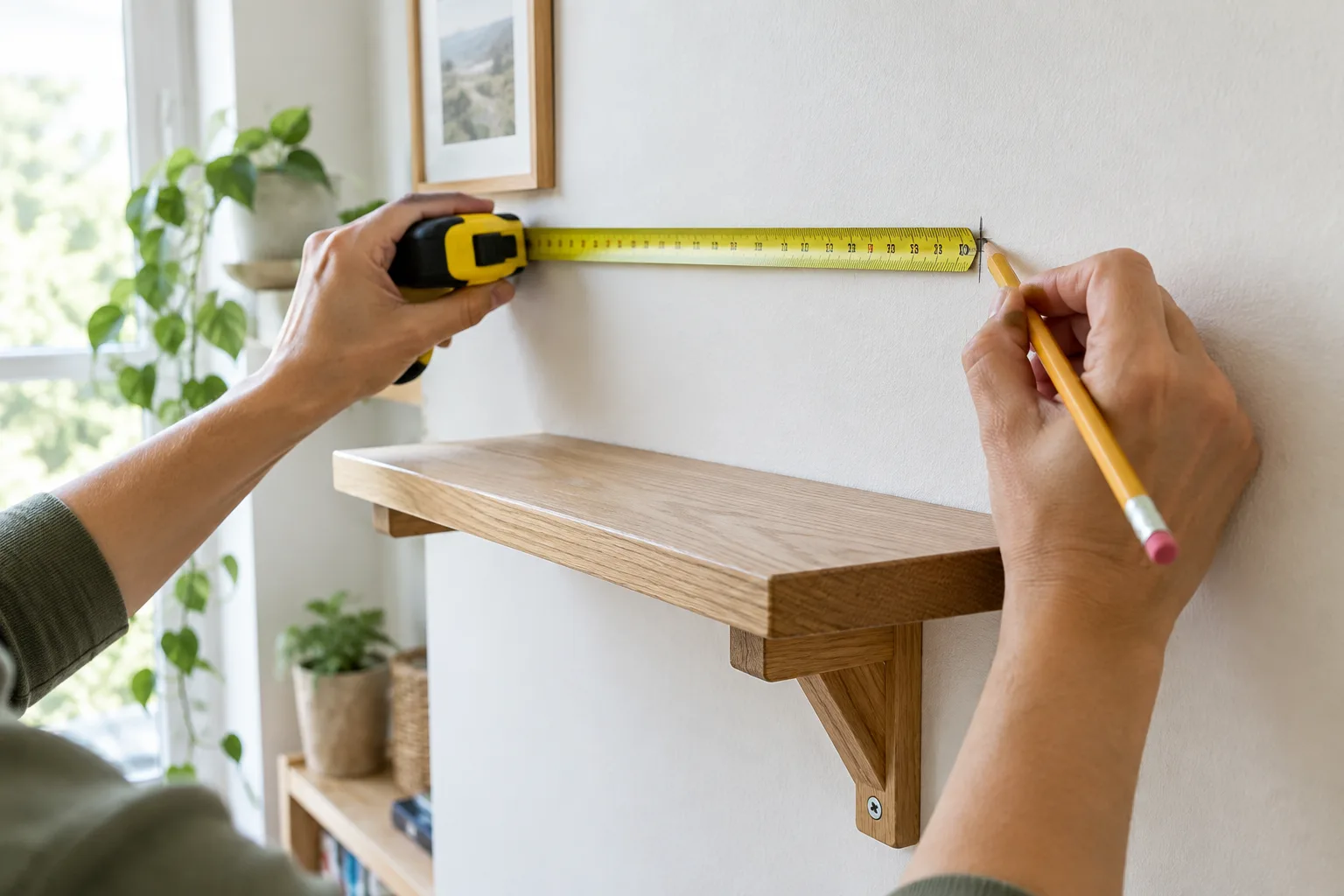Des mains mesurent et marquent un mur avant la pose d’une étagère.