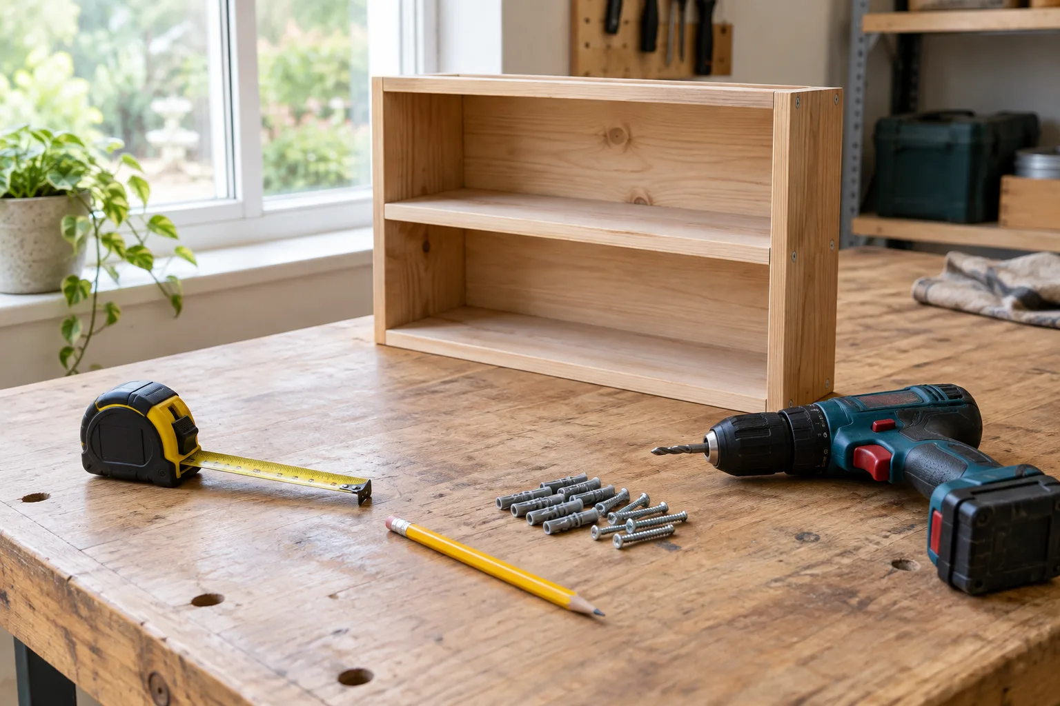 Outils et matériel préparés sur un établi pour installer une étagère.
