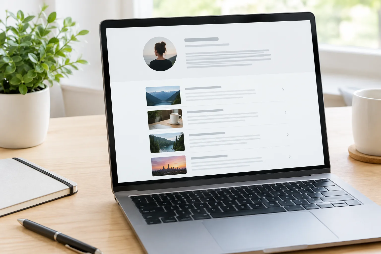 Page de profil auteur affichée sur un ordinateur, avec une biographie et plusieurs articles.
