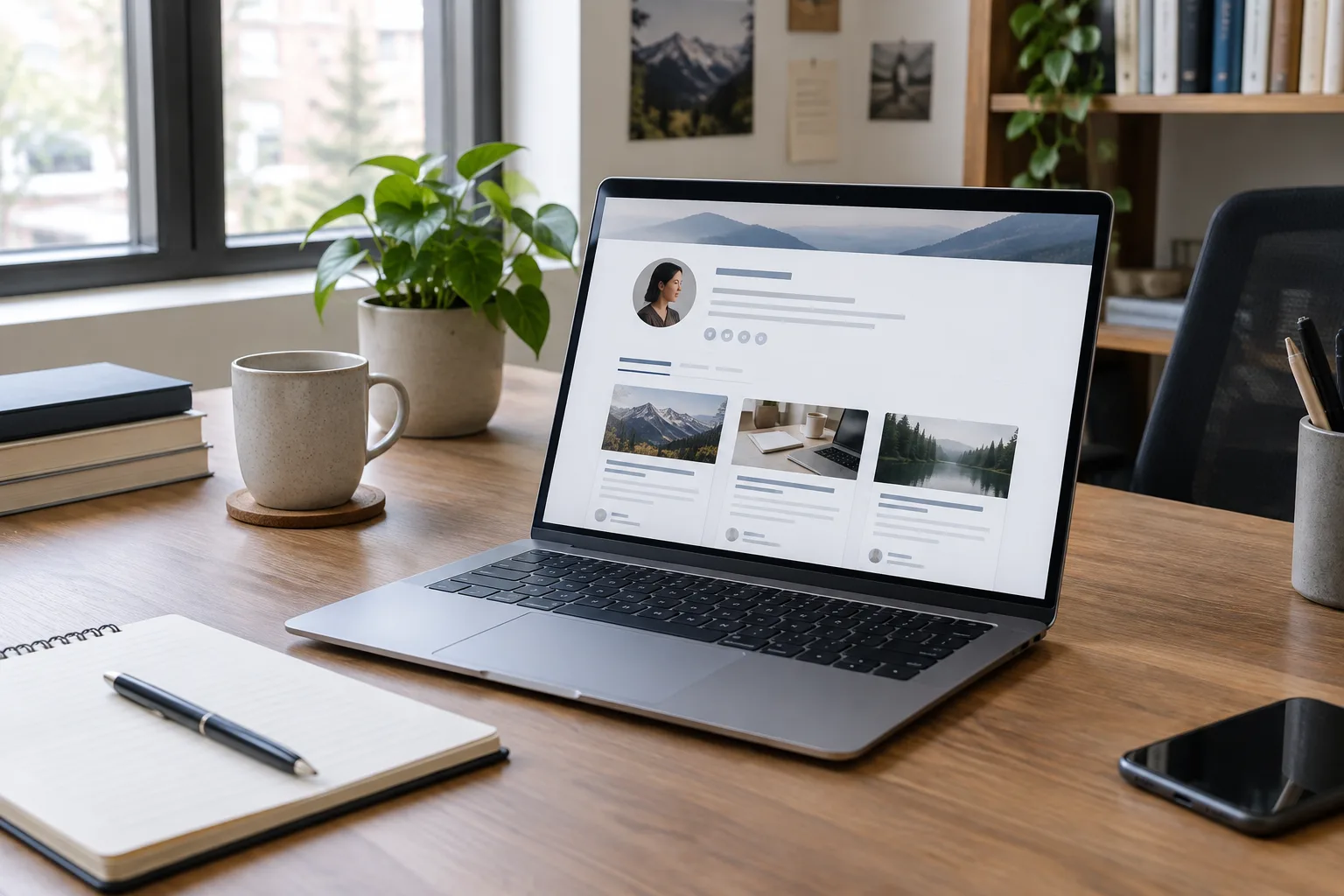 Ordinateur affichant une mise en page générique de profil auteur et une liste d’articles.