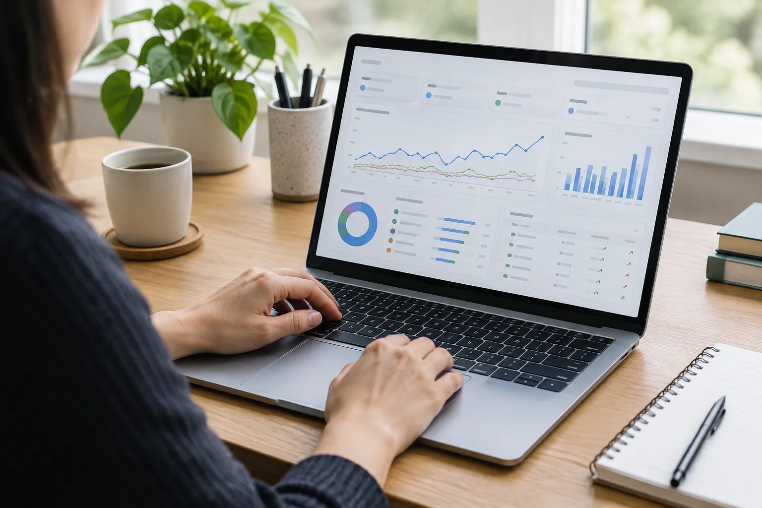 Une personne consulte des indicateurs de performance de contenus sur un ordinateur portable.