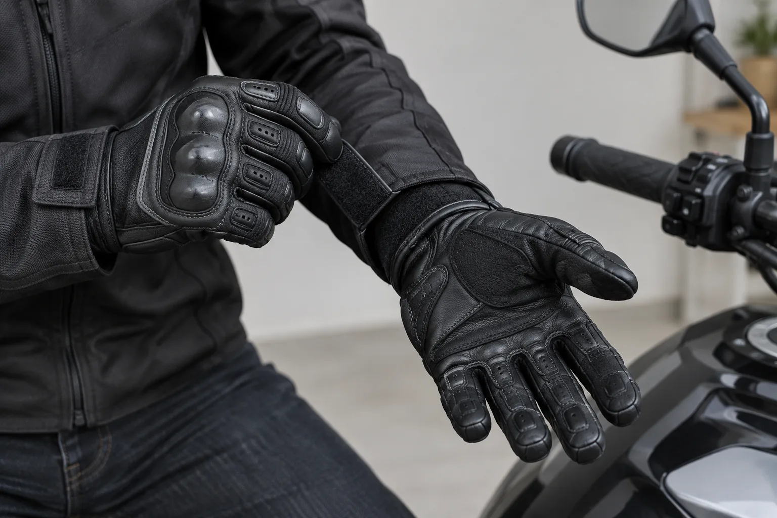 Un motard ajuste la fermeture de son gant et vérifie la mobilité de ses doigts près d’un guidon.