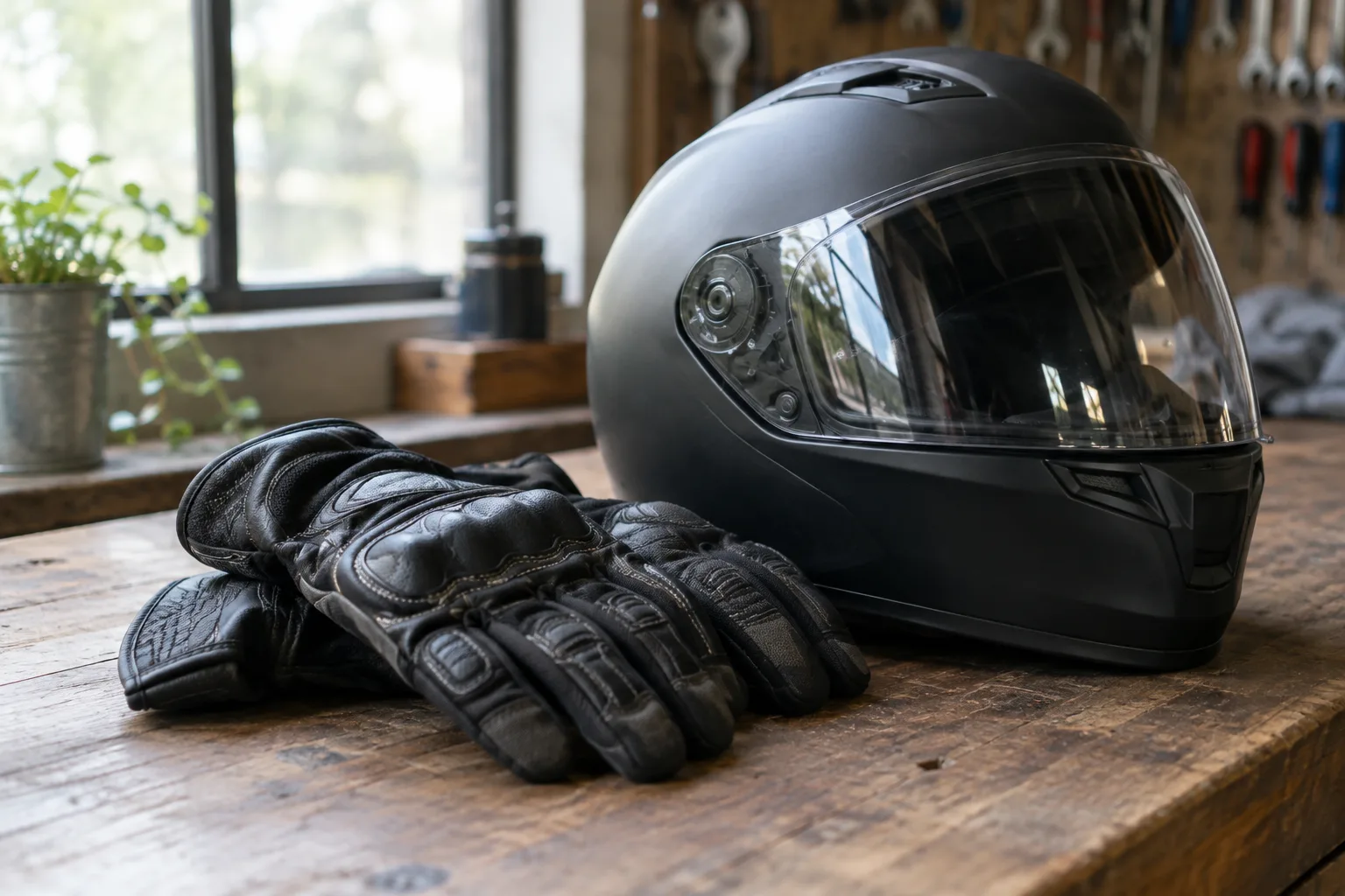 Gants de moto posés à côté d’un casque sur un établi.