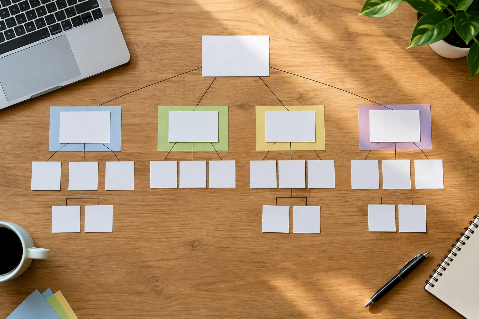 Cartes vierges reliées entre elles pour représenter l’organisation des contenus d’un site.