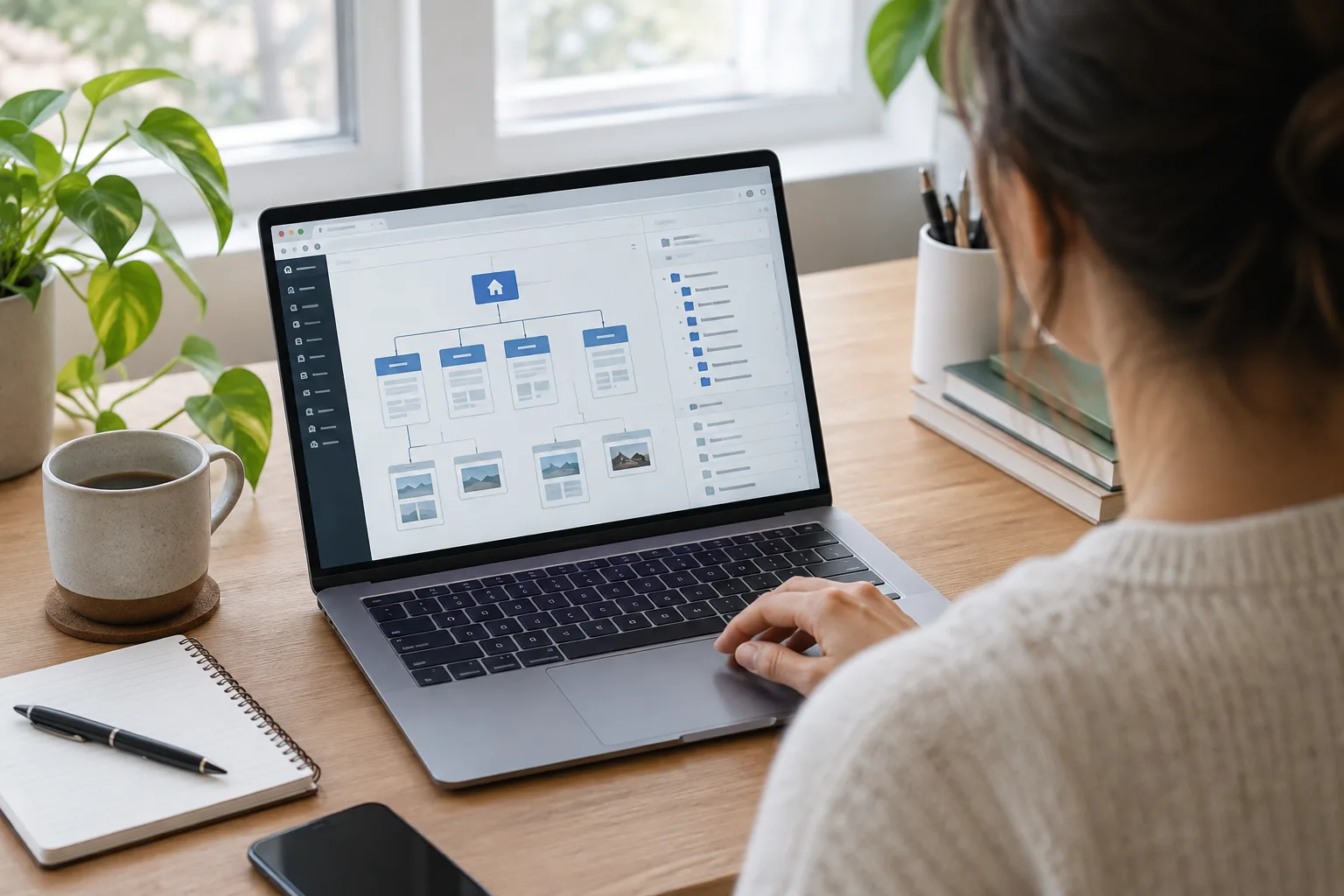 Un ordinateur affichant une interface de gestion de site, posé près de notes éditoriales sur un bureau.