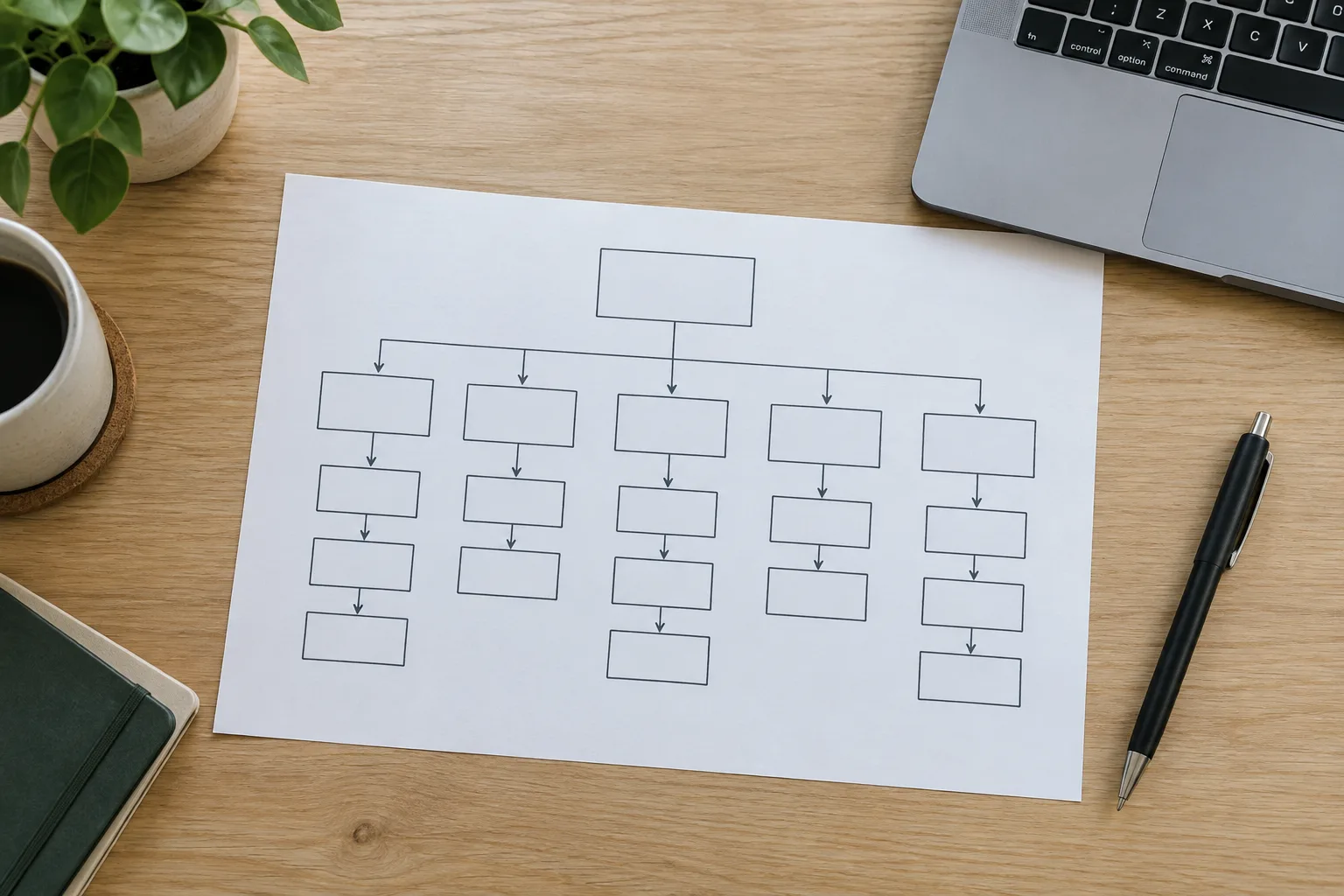 Schéma papier reliant plusieurs pages d’un site autour de sujets complémentaires.