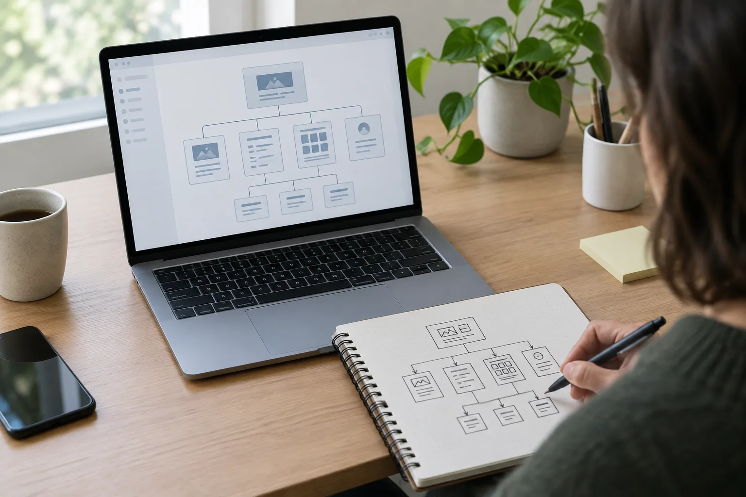Ordinateur et carnet montrant la préparation d’une architecture de site et de liens internes.