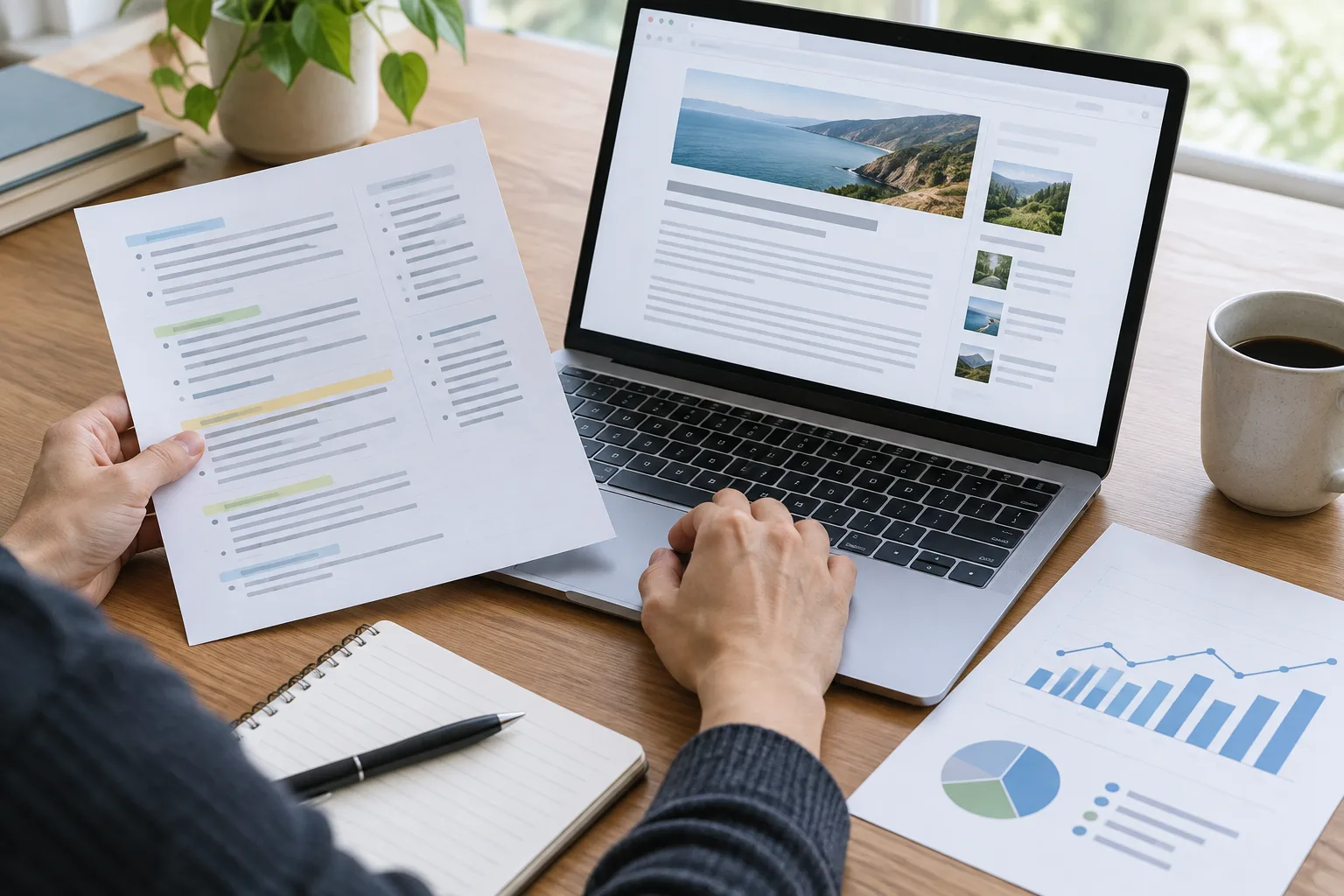 Des notes et un graphique consultés à côté d’un ordinateur pendant la vérification d’un article.