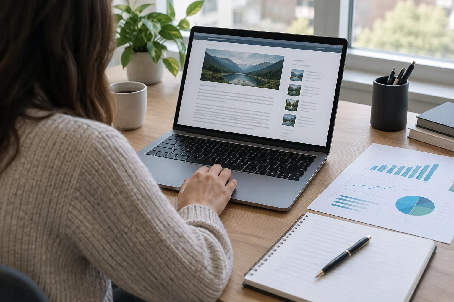 Un ordinateur affichant une page web consultée à côté de notes et de graphiques imprimés.
