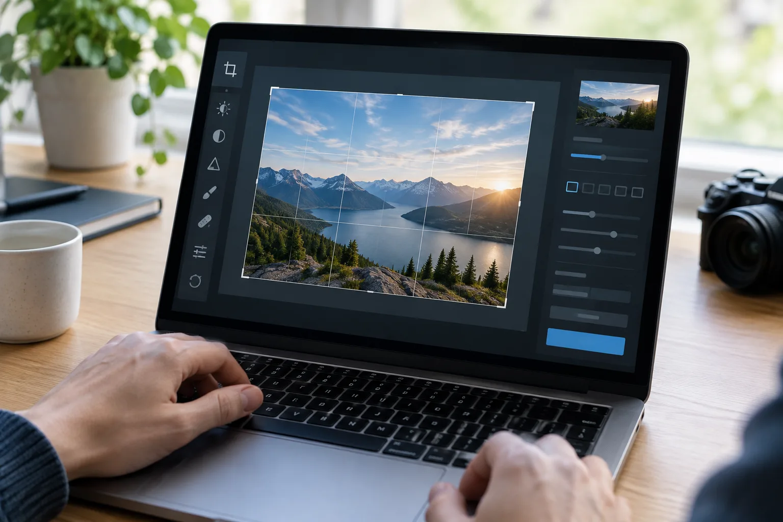 Une photographie est recadrée et exportée depuis un logiciel de retouche.