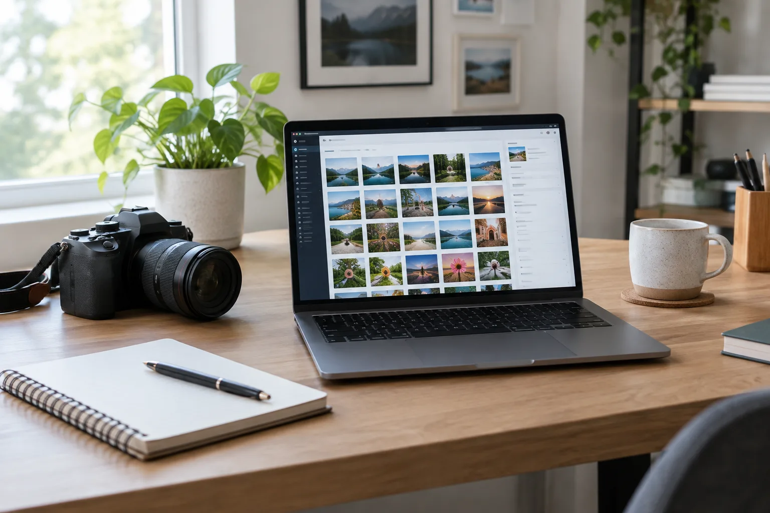 Espace de travail avec un ordinateur affichant une médiathèque d’images.