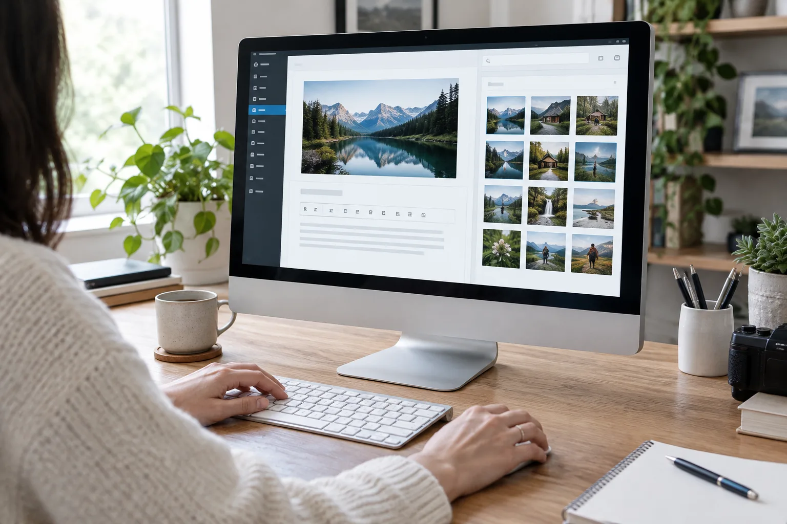 Espace de travail éditorial avec des visuels préparés pour une publication sur un site web.