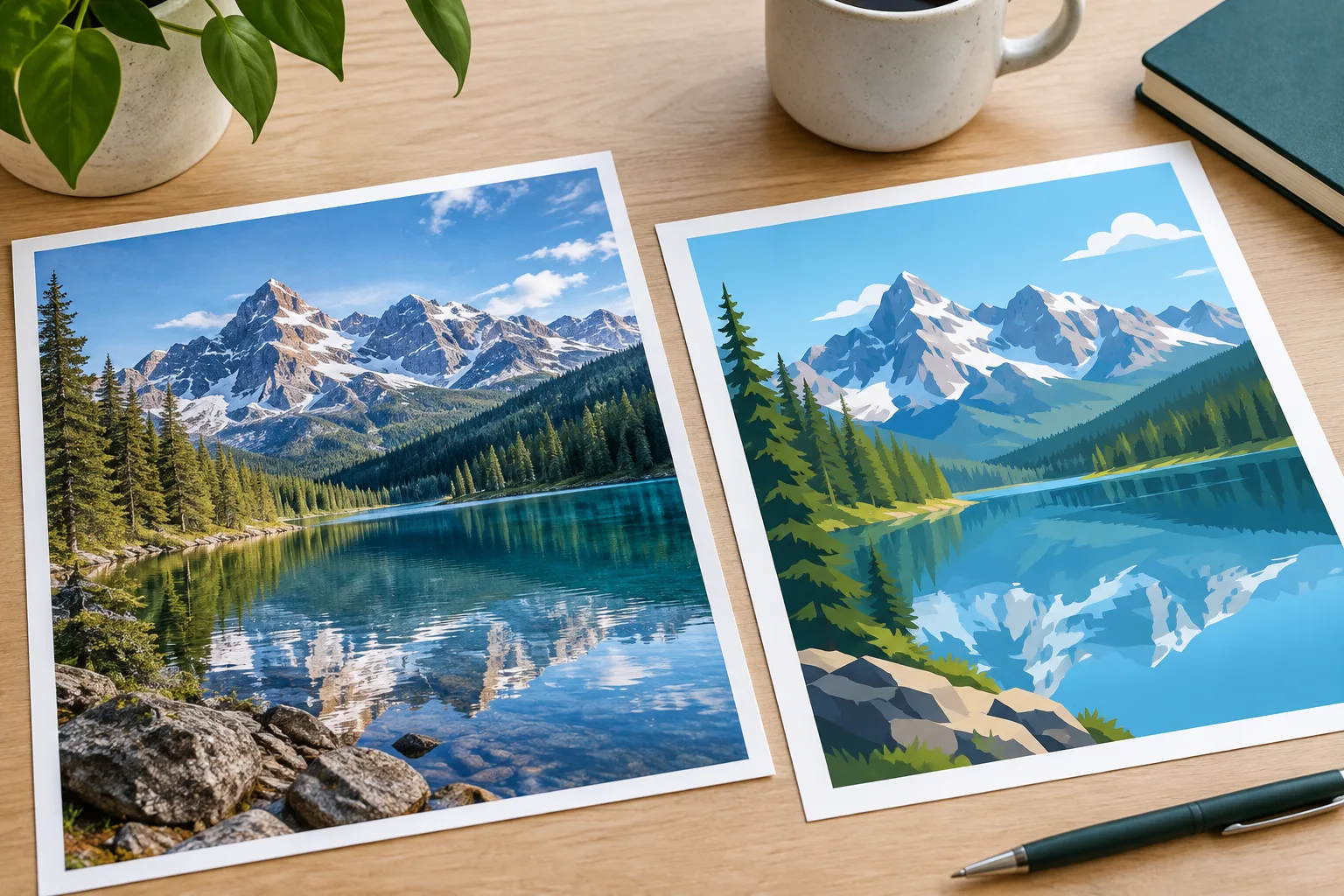 Une photographie et une illustration côte à côte pour montrer que le format dépend du type de visuel.