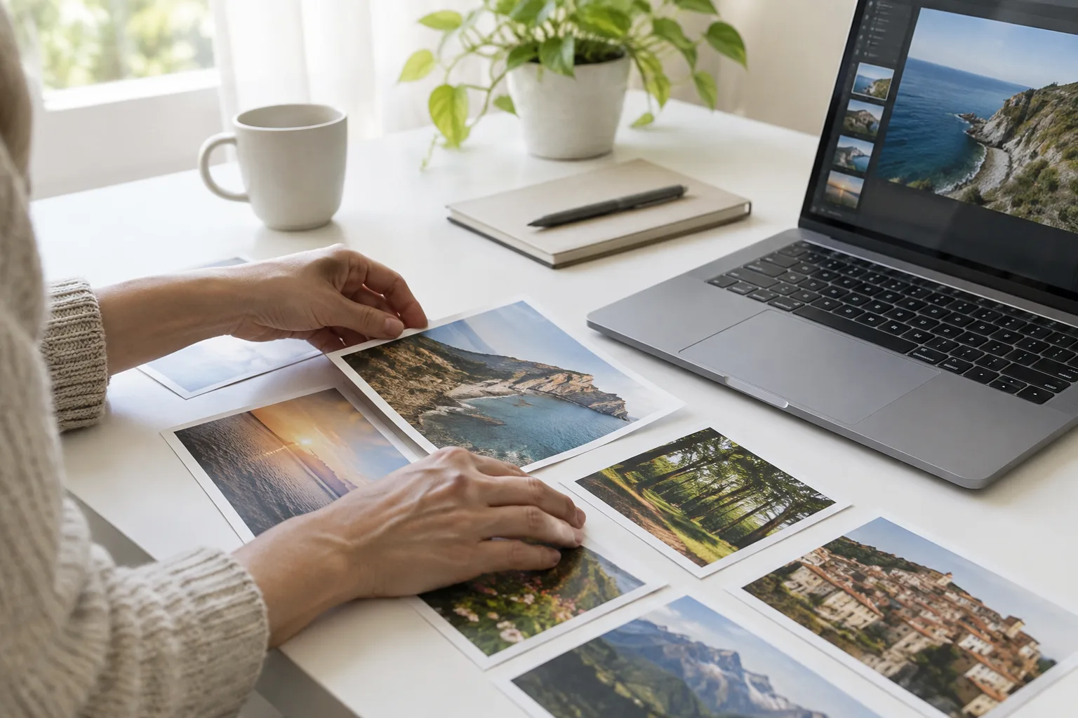 Des photographies préparées à côté d’un ordinateur avant leur publication sur un site.