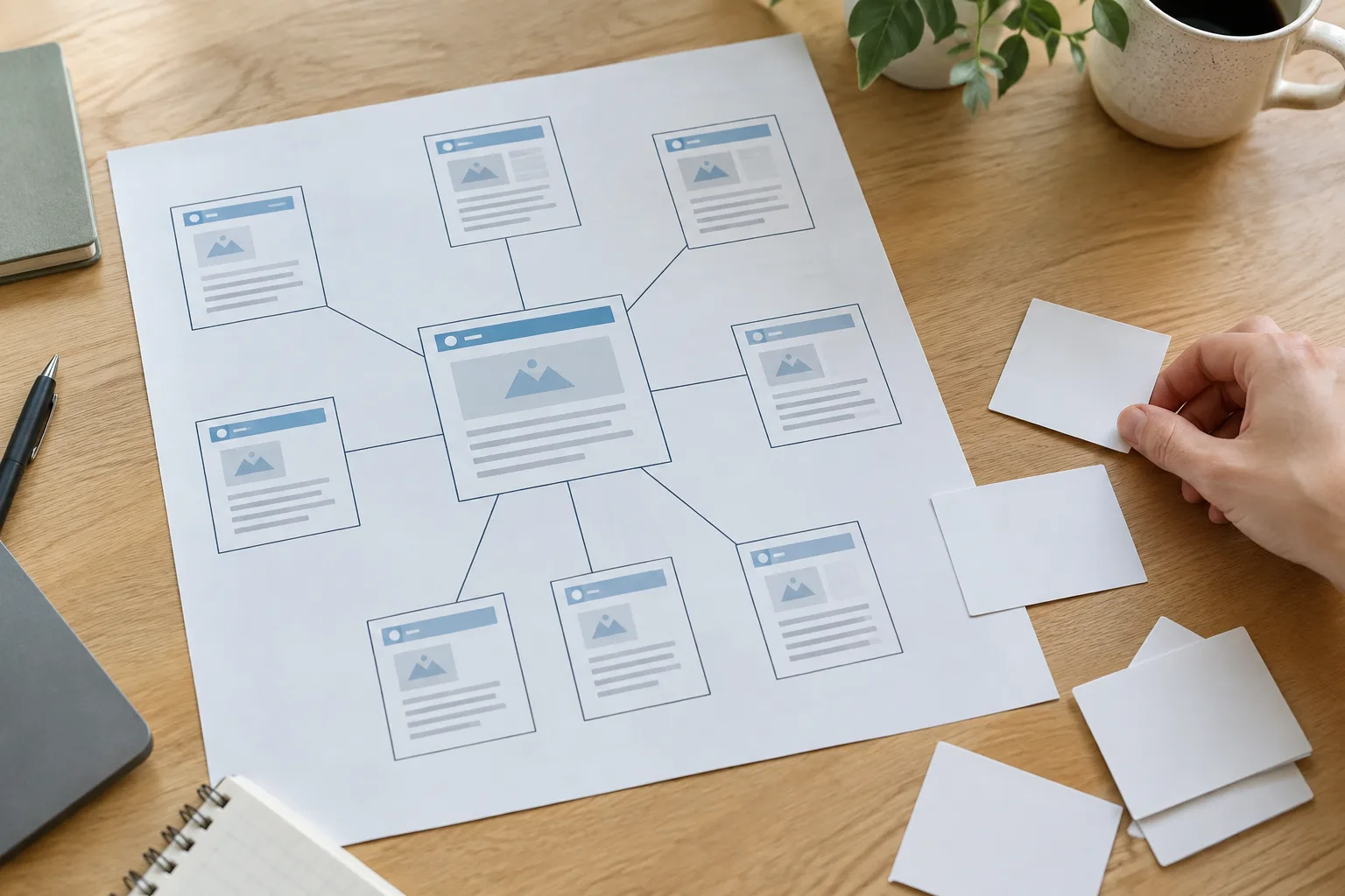 Des fiches de contenus reliées autour d’un sujet principal sur un bureau.