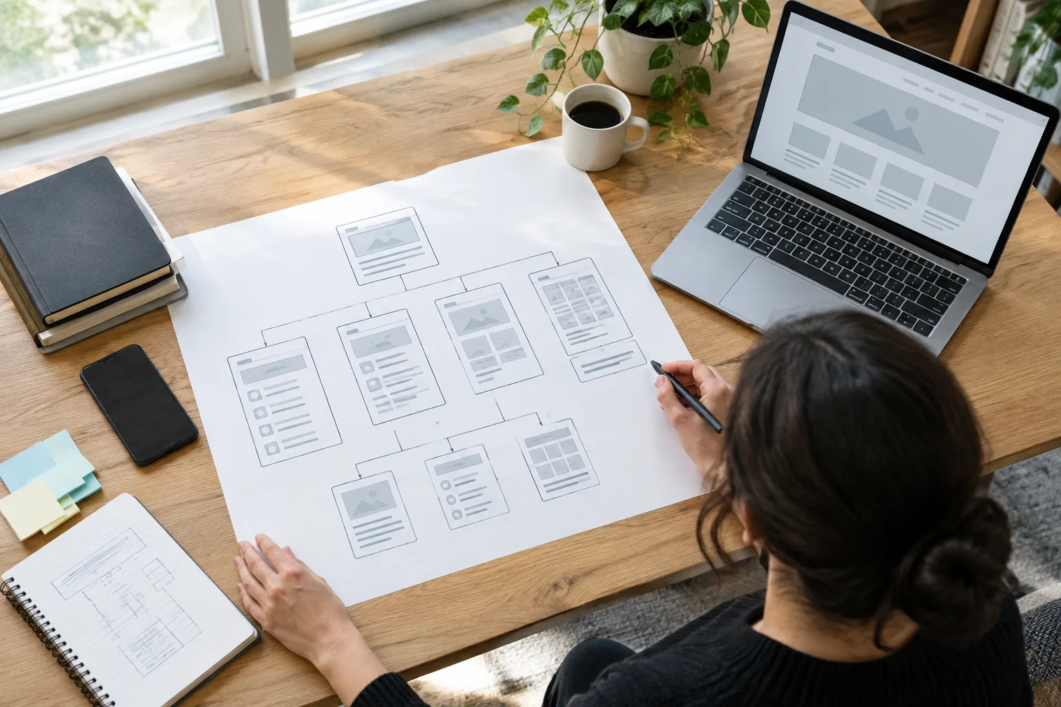 Plan d’arborescence d’un site organisé sur une feuille à côté d’un ordinateur portable.