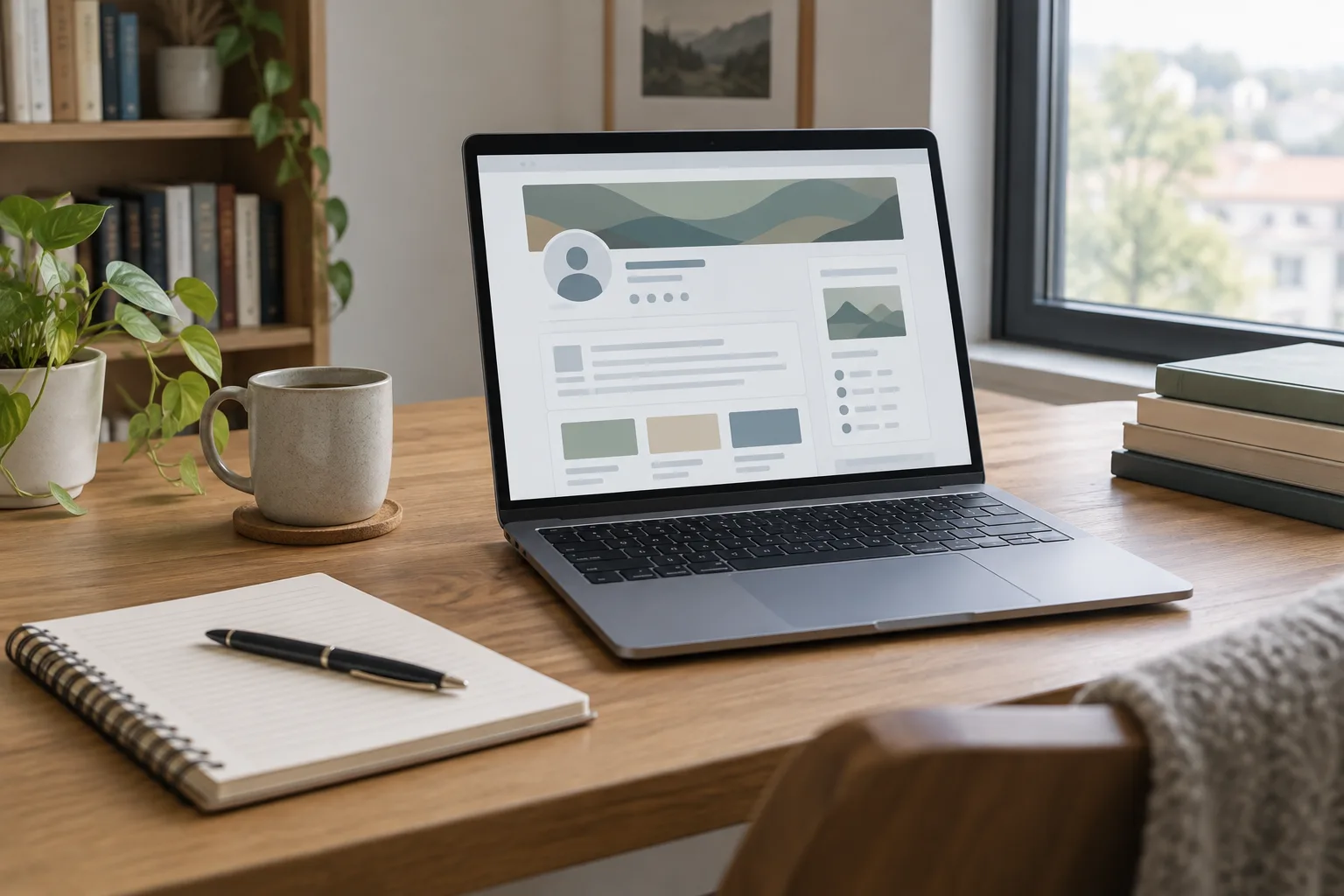 Ordinateur affichant une page de profil auteur dans un espace de travail éditorial.