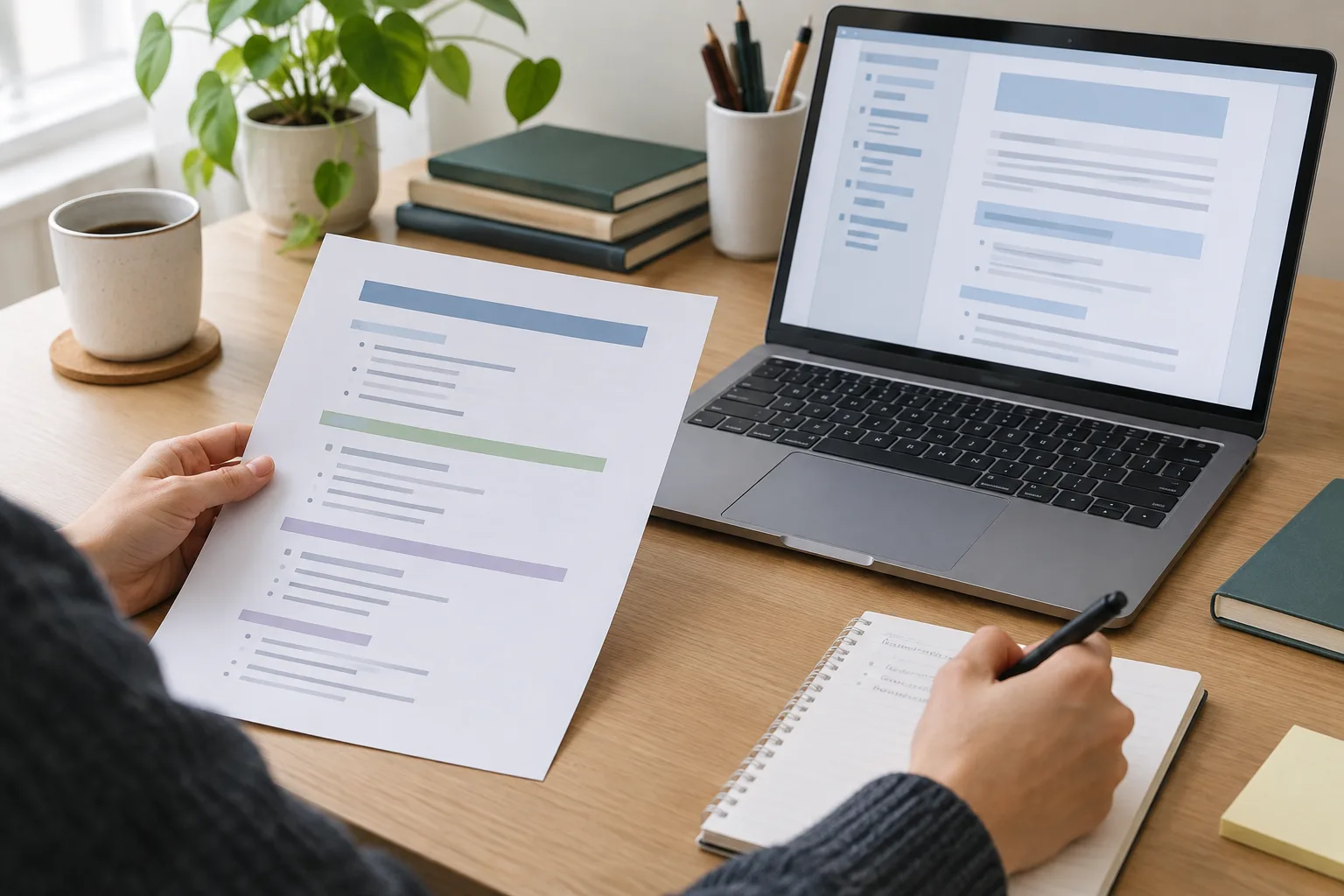 Une personne examine un plan de contenu imprimé près d’un ordinateur portable.