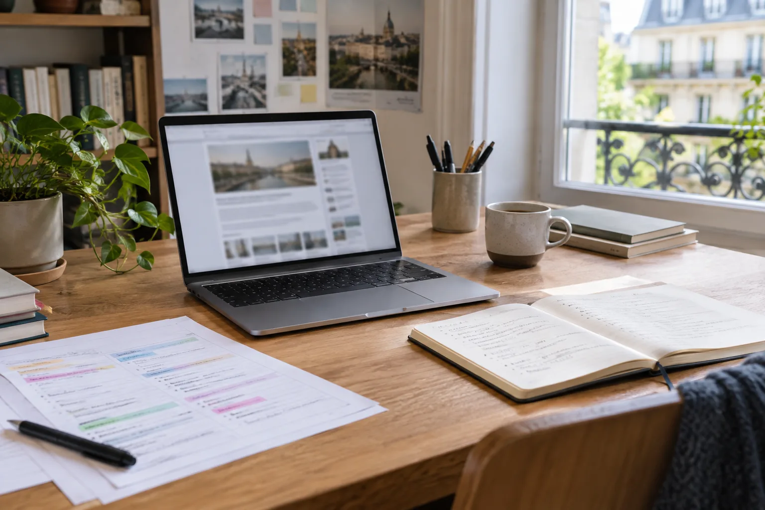 Bureau de travail avec un ordinateur, des notes éditoriales et un carnet ouvert.
