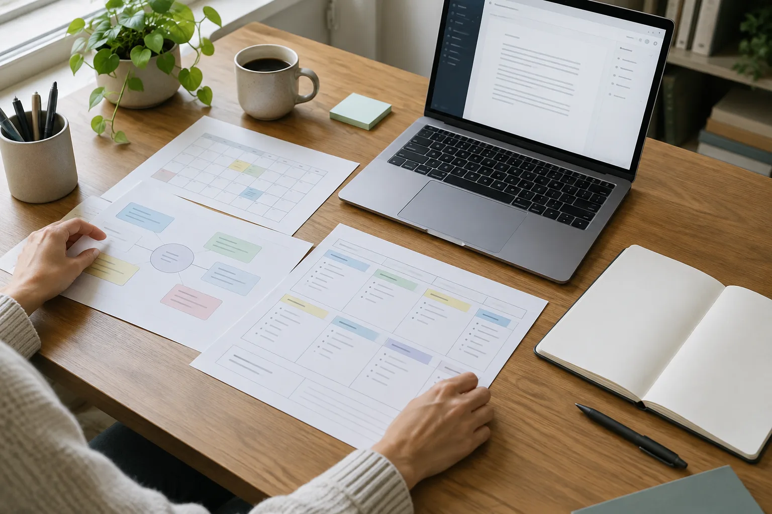 Un bureau de travail avec un ordinateur portable, des feuilles de préparation éditoriale et un carnet ouvert.