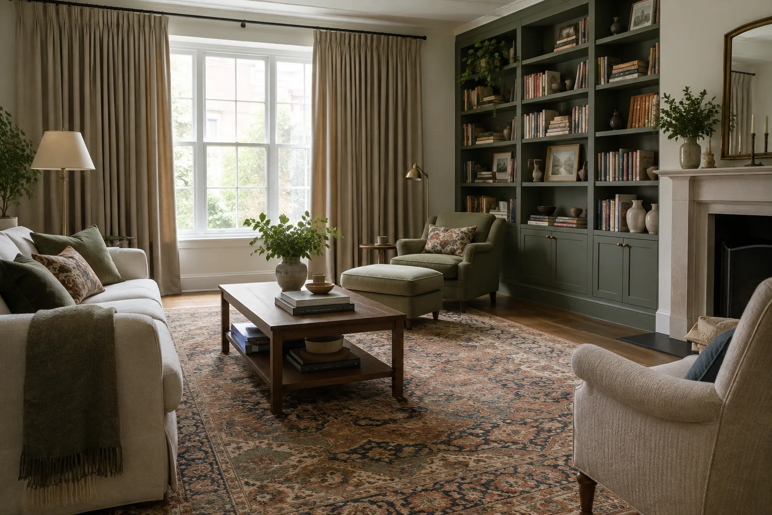 Salon aménagé avec des rideaux épais, un tapis et une bibliothèque pour améliorer le confort acoustique.