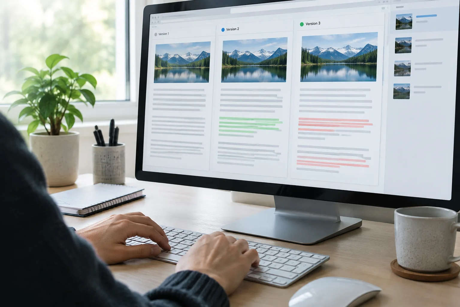 Éditeur comparant plusieurs versions d’un article sur un écran d’ordinateur